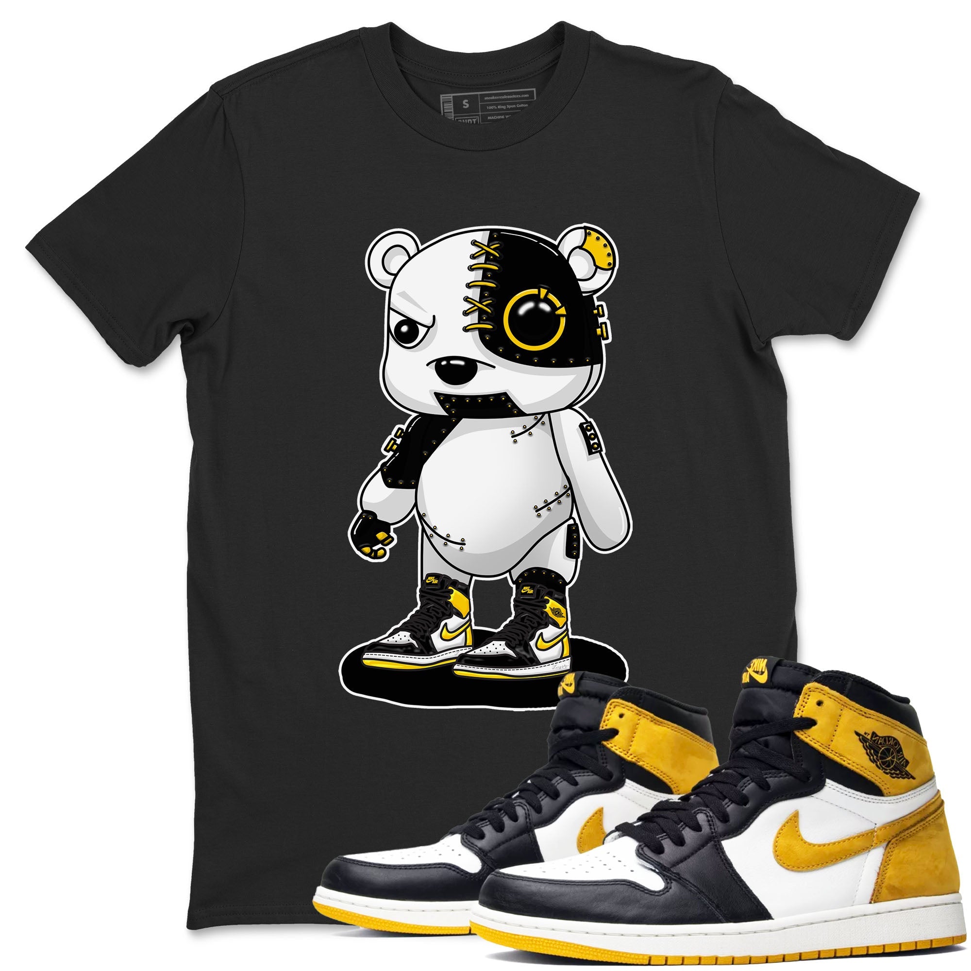 1s Yellow Ochre shirt to match jordans Cyborg Bear sneaker tees Air Jordan 1 High OG Yellow Ochre Drip Gear Zone unisex cotton Black 1 crew neck shirt