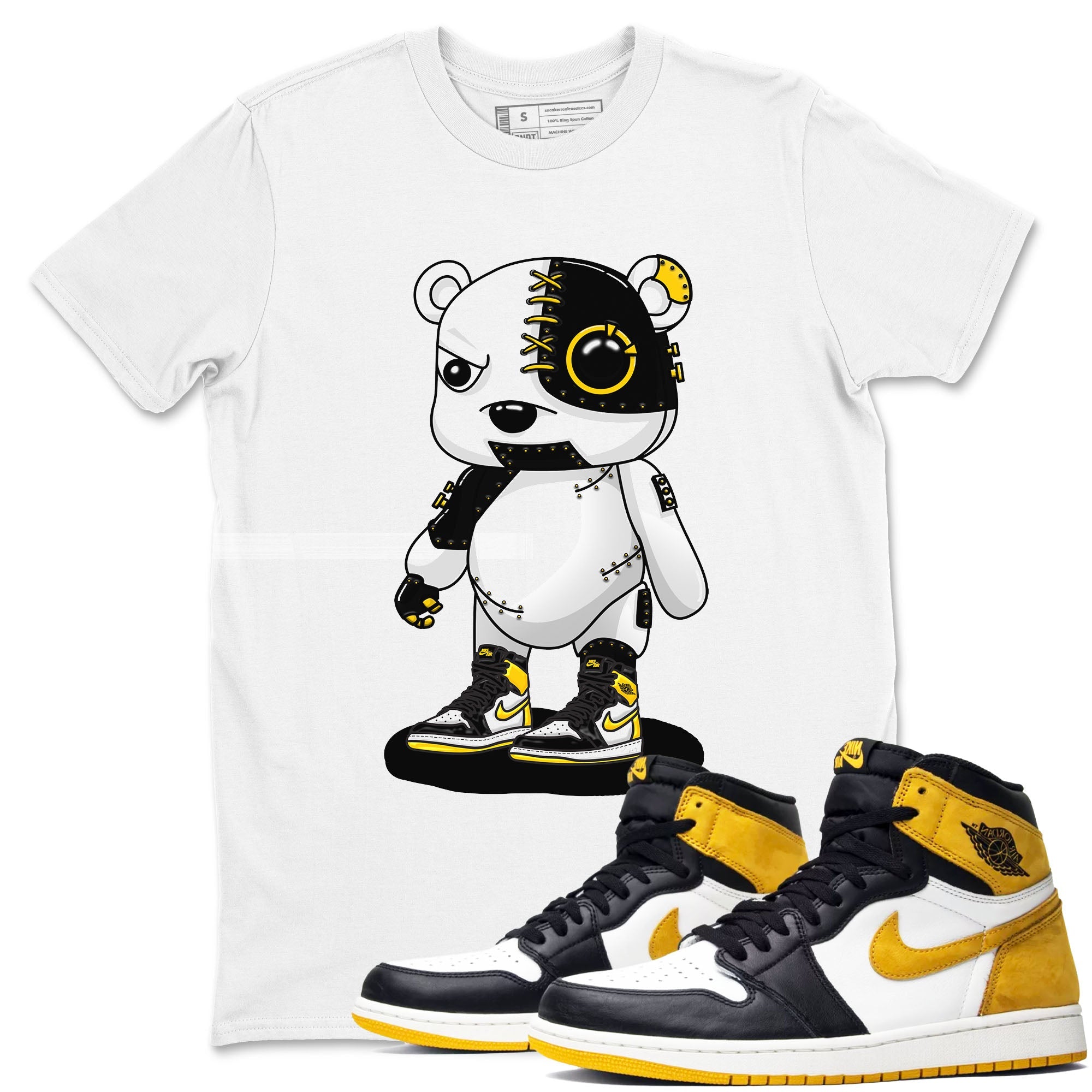 1s Yellow Ochre shirt to match jordans Cyborg Bear sneaker tees Air Jordan 1 High OG Yellow Ochre Drip Gear Zone unisex cotton White 1 crew neck shirt