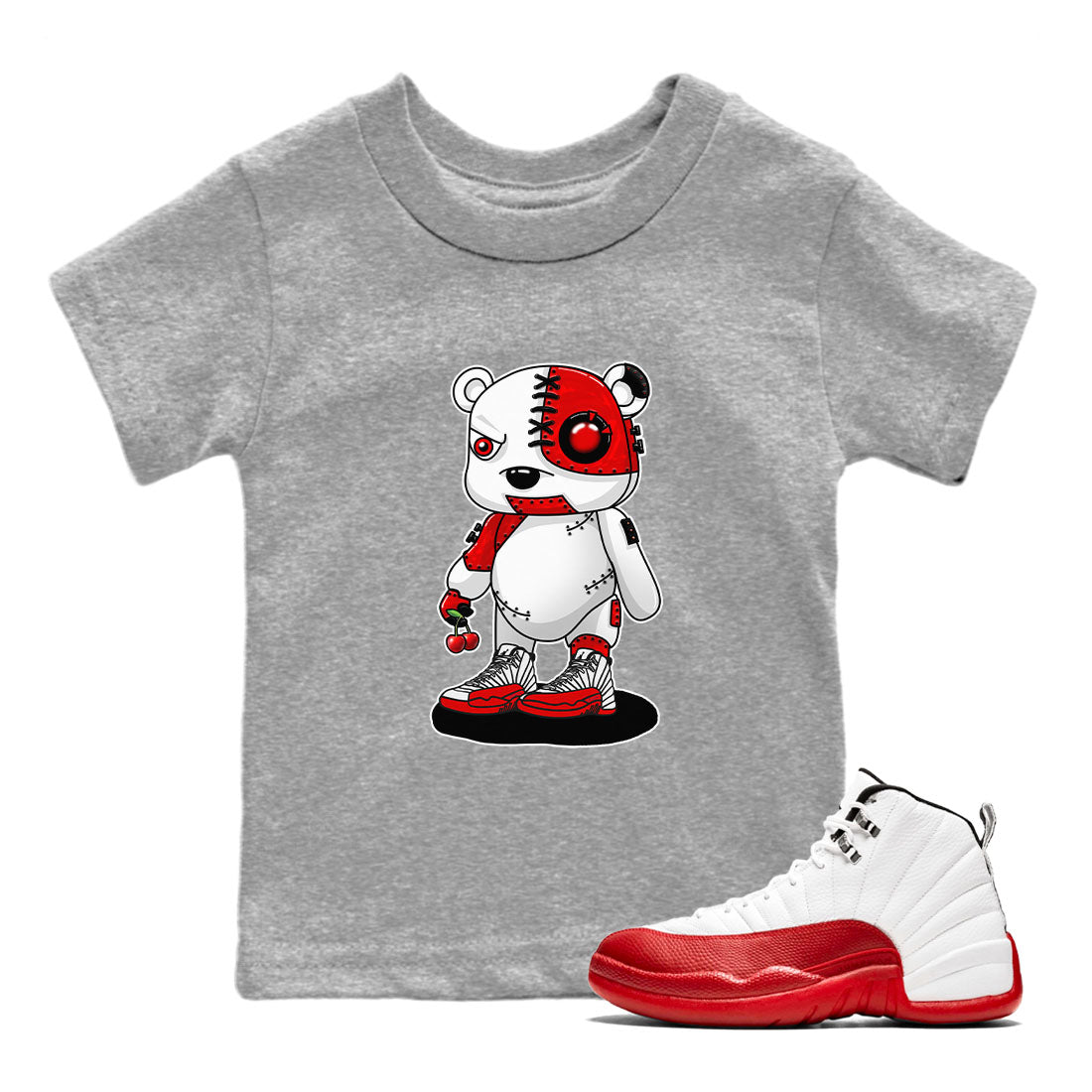 Jordan 12 Retro Cherry shirt to match jordans Varsity Red Cyborg Bear special sneaker matching tees 12s Cherry Drip Gear Zone Baby Toddler Heather Grey 1 T-Shirt
