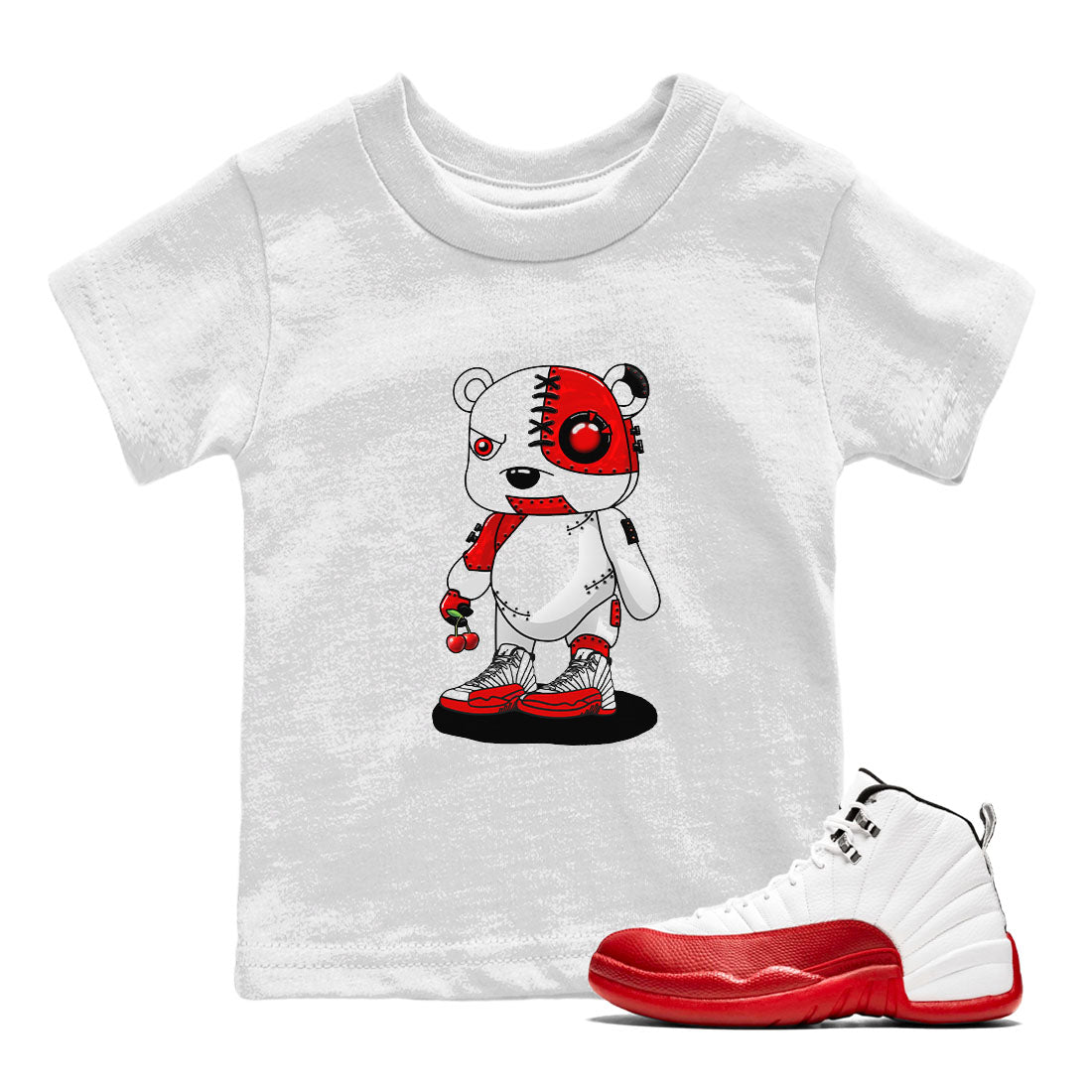 Jordan 12 Retro Cherry shirt to match jordans Varsity Red Cyborg Bear special sneaker matching tees 12s Cherry Drip Gear Zone Baby Toddler White 1 T-Shirt