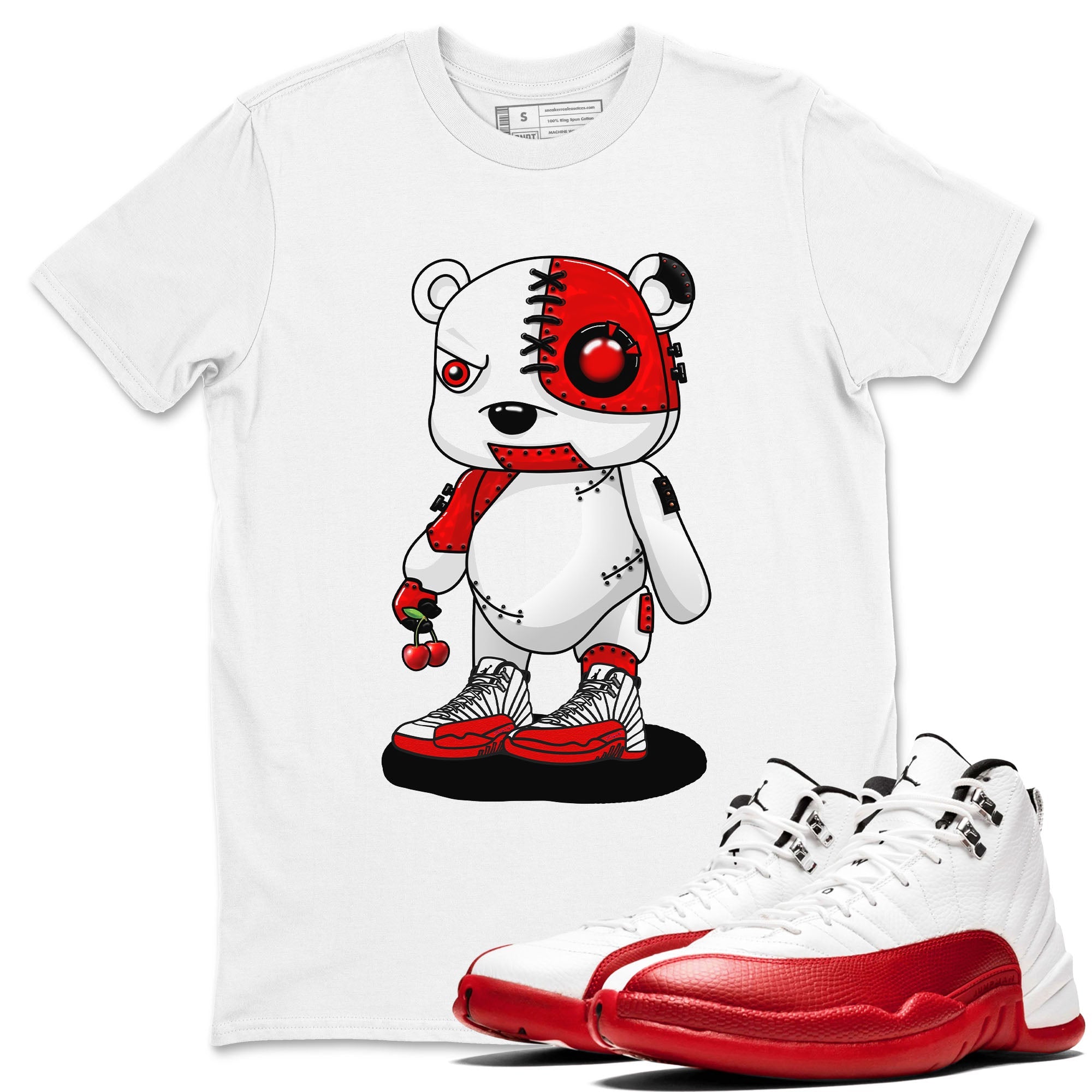 Jordan 12 Retro Cherry shirt to match jordans Varsity Red Cyborg Bear special sneaker matching tees 12s Cherry Drip Gear Zone Unisex White 1 T-Shirt