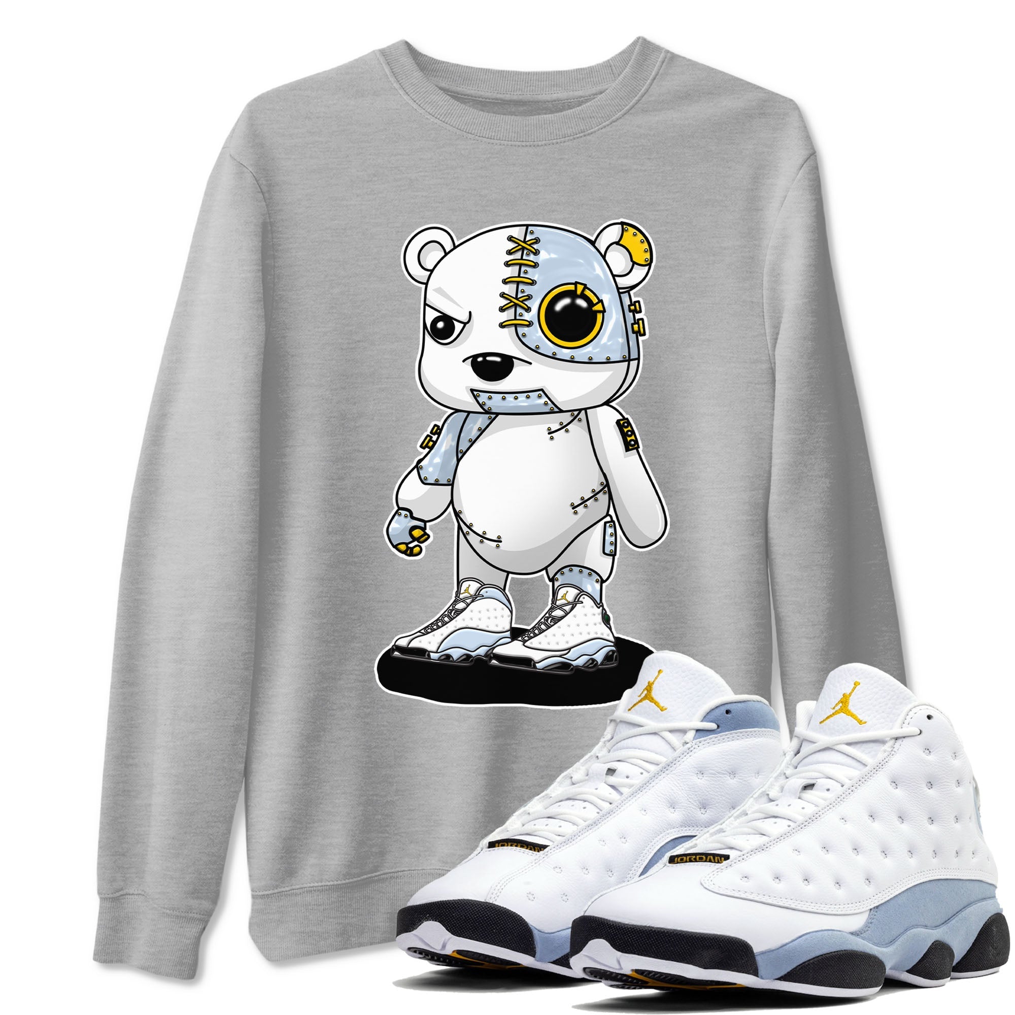 13s Blue Grey shirt to match jordans Cyborg Bear sneaker tees Air Jordan 13 Blue Grey Drip Gear Zone unisex cotton Heather Grey 1 crew neck shirt