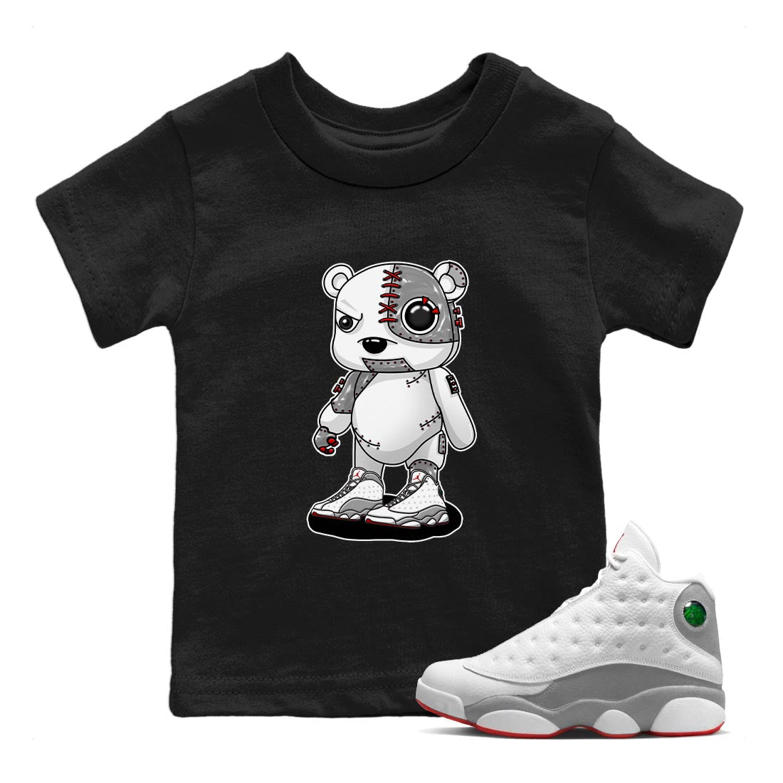 AJ13 Wolf Grey Sneaker Match Tees Cyborg Bear Streetwear Sneaker Shirt Air Jordan 13 Wolf Grey Drip Gear Zone Sneaker Matching Clothing Kids Shirts Black 1