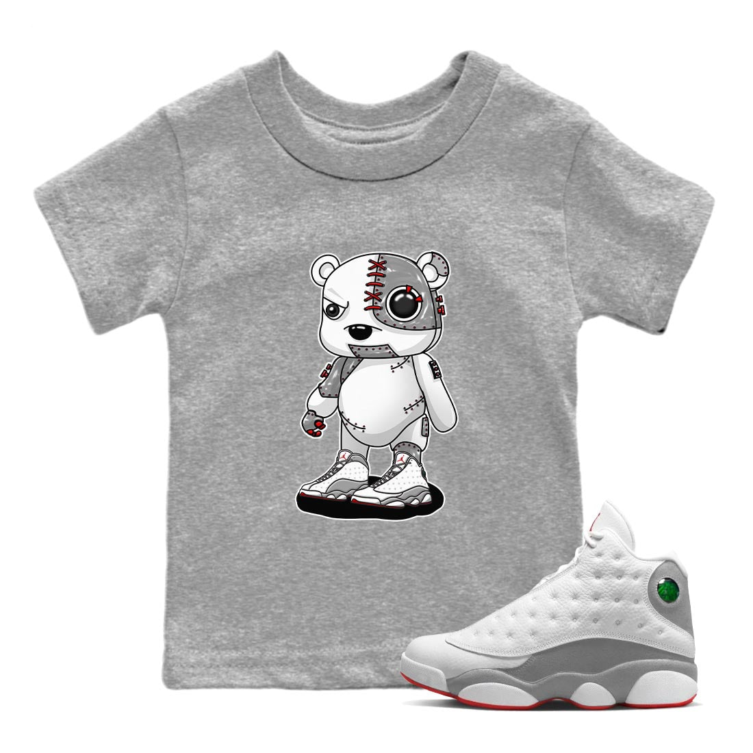 AJ13 Wolf Grey Sneaker Match Tees Cyborg Bear Streetwear Sneaker Shirt Air Jordan 13 Wolf Grey Drip Gear Zone Sneaker Matching Clothing Kids Shirts Heather Grey 1