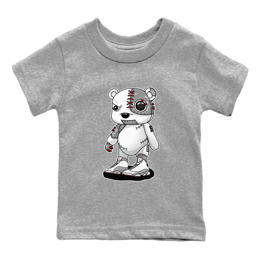 AJ13 Wolf Grey Sneaker Match Tees Cyborg Bear Streetwear Sneaker Shirt Air Jordan 13 Wolf Grey Drip Gear Zone Sneaker Matching Clothing Kids Shirts Heather Grey 2