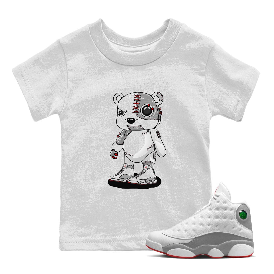 AJ13 Wolf Grey Sneaker Match Tees Cyborg Bear Streetwear Sneaker Shirt Air Jordan 13 Wolf Grey Drip Gear Zone Sneaker Matching Clothing Kids Shirts White 1