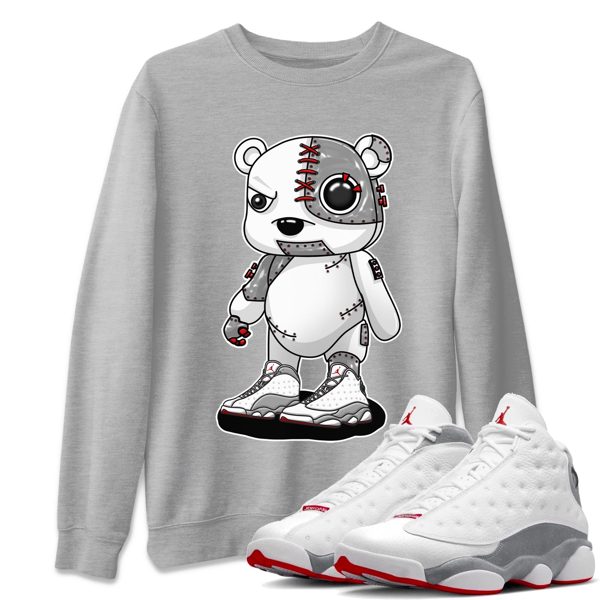 AJ13 Wolf Grey Sneaker Match Tees Cyborg Bear Streetwear Sneaker Shirt Air Jordan 13 Wolf Grey Drip Gear Zone Sneaker Matching Clothing Unisex Shirts Heather Grey 1