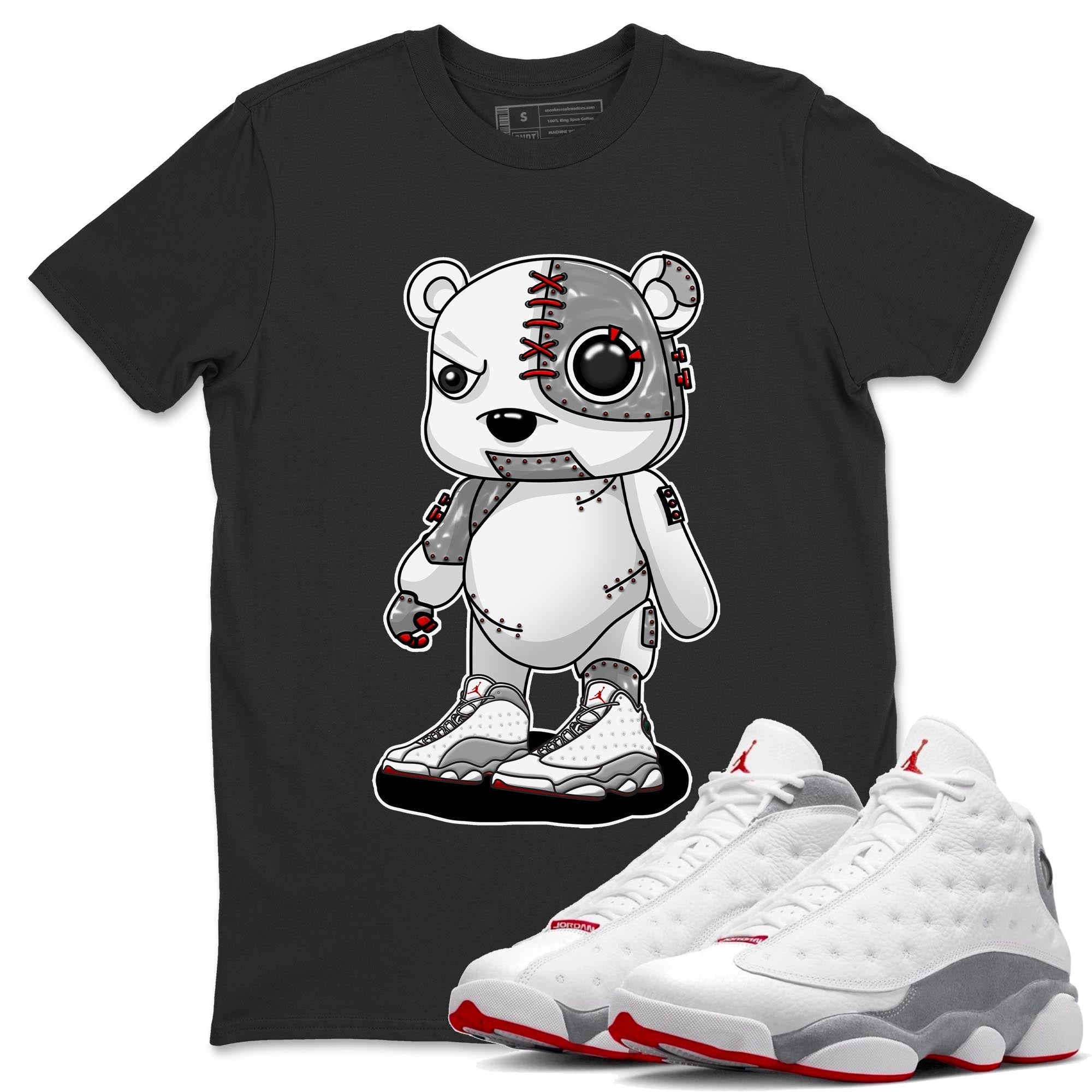 AJ13 Wolf Grey Sneaker Match Tees Cyborg Bear Streetwear Sneaker Shirt Air Jordan 13 Wolf Grey Drip Gear Zone Sneaker Matching Clothing Unisex Shirts Black 1