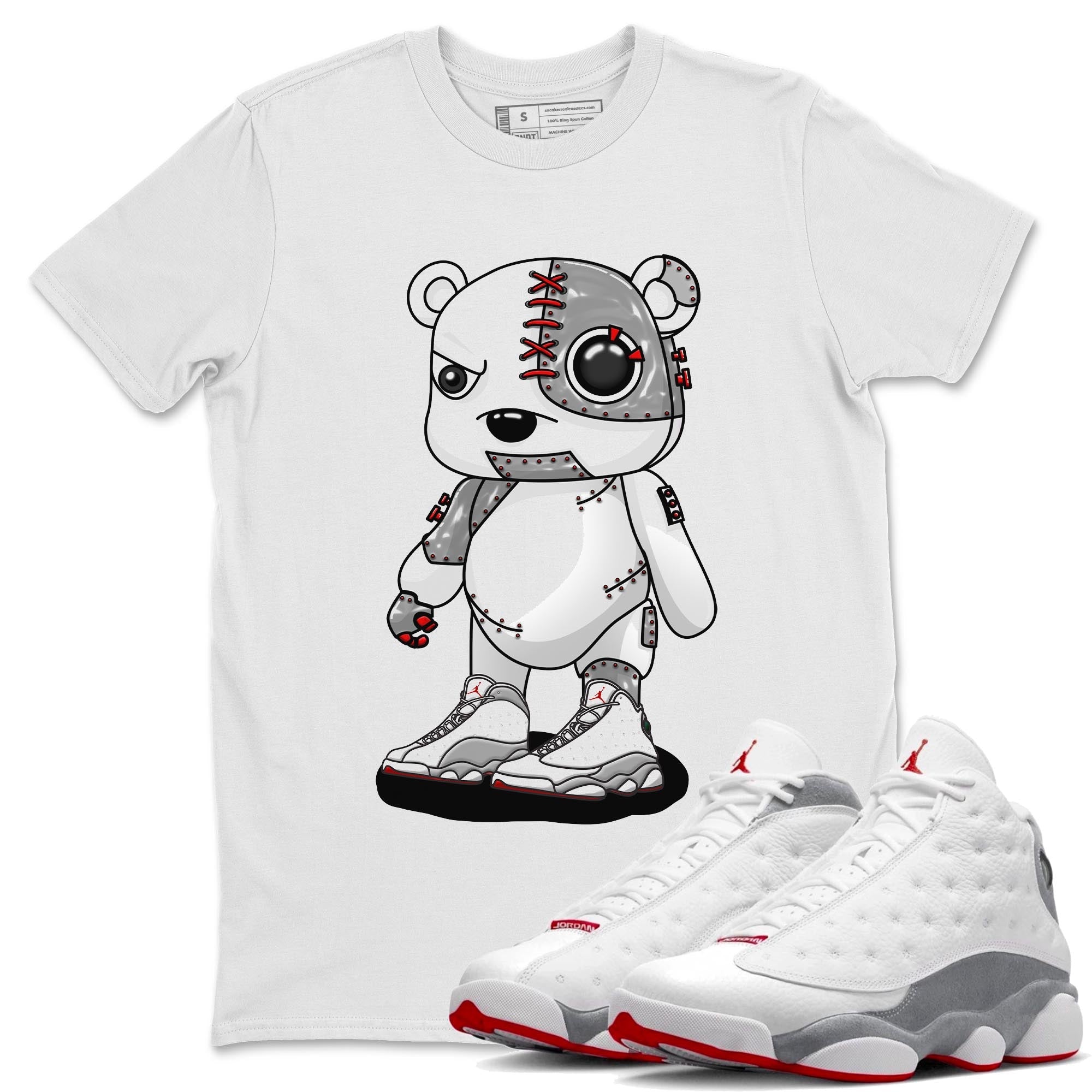 AJ13 Wolf Grey Sneaker Match Tees Cyborg Bear Streetwear Sneaker Shirt Air Jordan 13 Wolf Grey Drip Gear Zone Sneaker Matching Clothing Unisex Shirts White 1