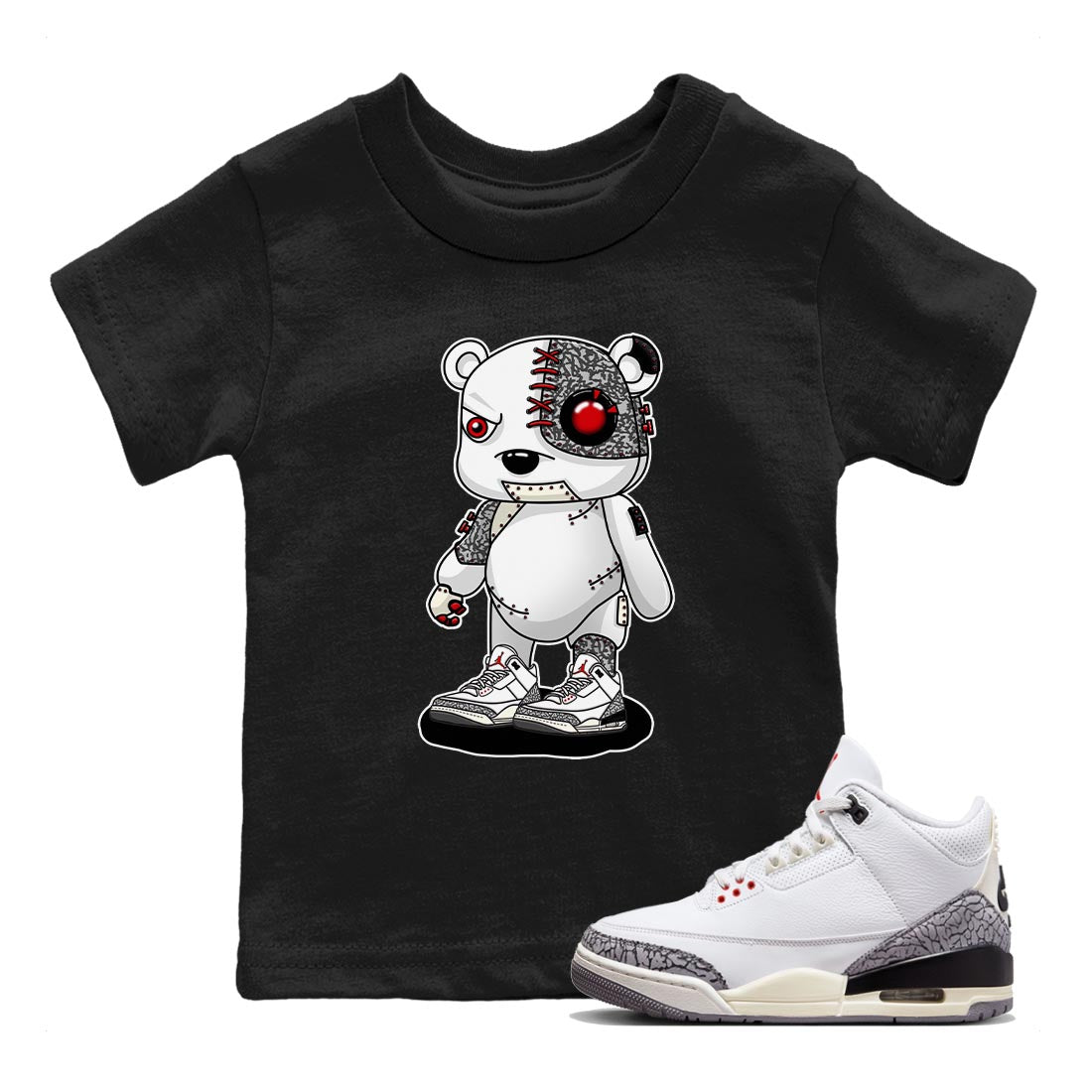 Air Jordan 3 White Cement Sneaker Match Tees Cyborg Bear Streetwear Sneaker Shirt AJ 3s White Cement Sneaker Release Tees Kids Shirts Black 1