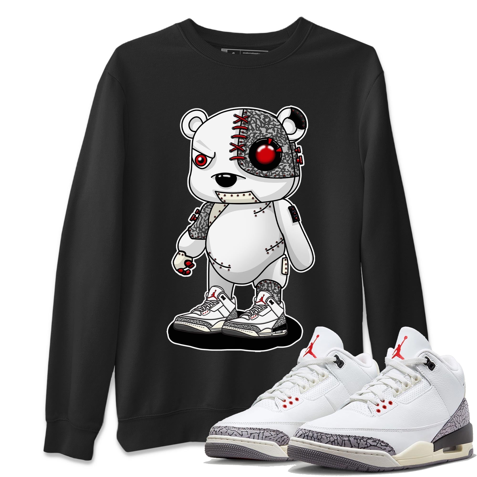 Air Jordan 3 White Cement Cyborg Bear Crew Neck Streetwear Sneaker Shirt AJ 3s White Cement Sneaker T-Shirts Size Chart