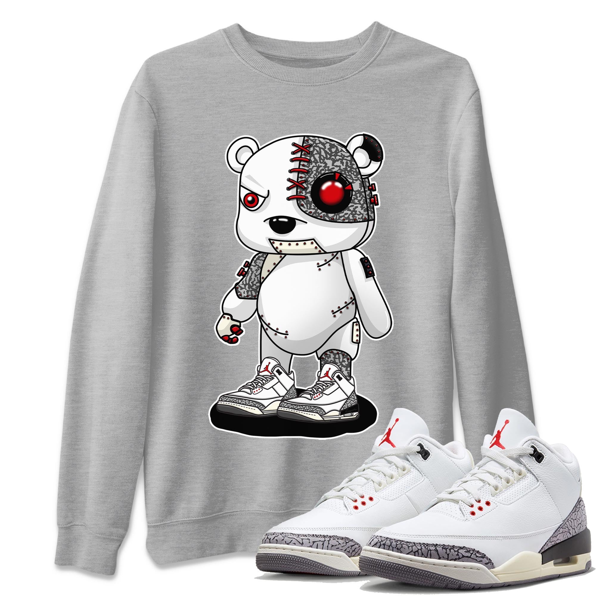Air Jordan 3 White Cement Cyborg Bear Crew Neck Streetwear Sneaker Shirt AJ 3s White Cement Sneaker T-Shirts Washing and Care Tip