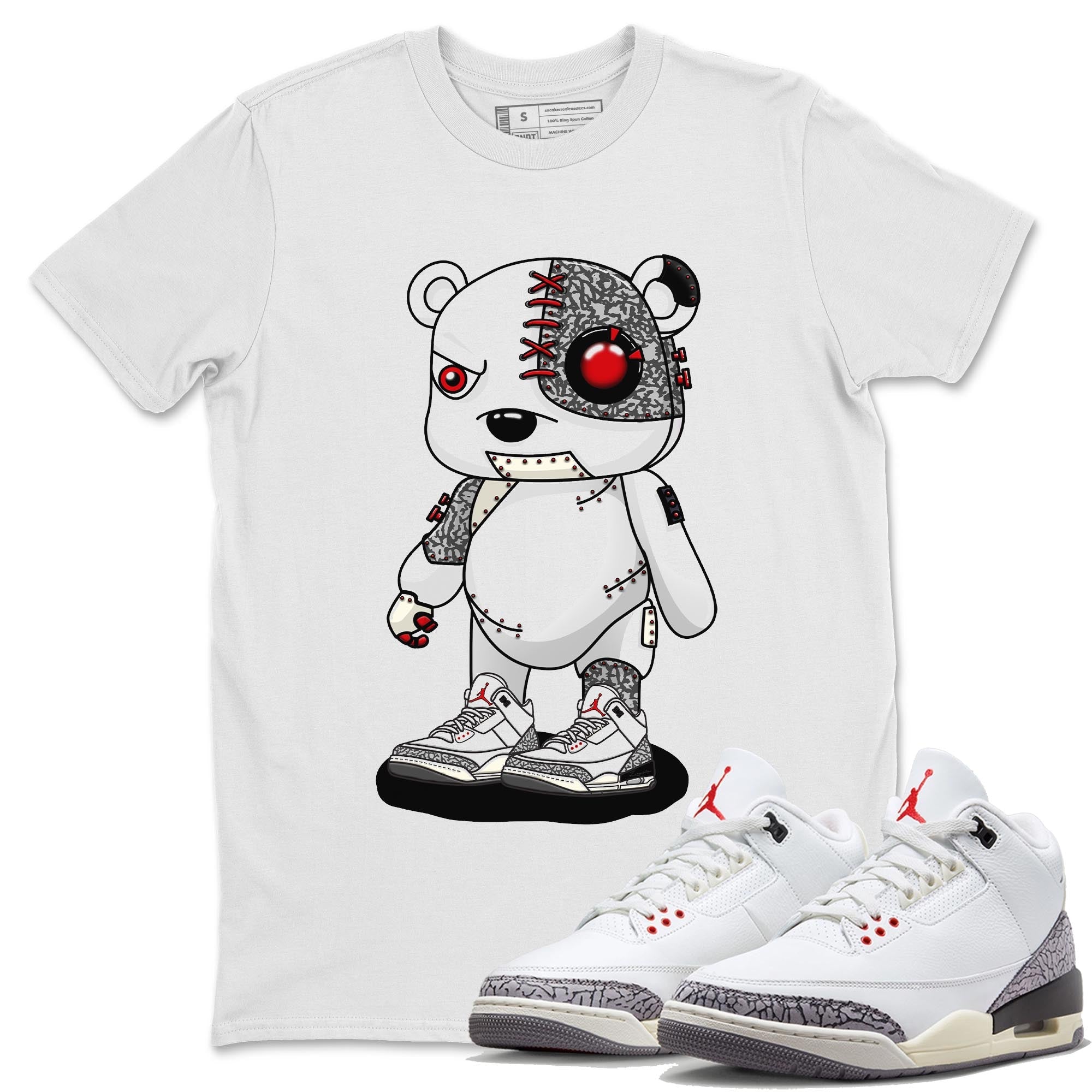 Air Jordan 3 White Cement Sneaker Match Tees Cyborg Bear Streetwear Sneaker Shirt AJ 3s White Cement Sneaker Release Tees Unisex Shirts White 1