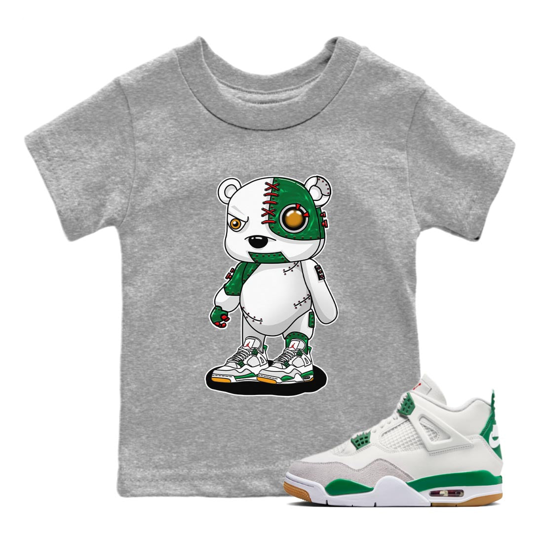 Air Jordan 4 Pine Green Sneaker Match Tees Cyborg Bear Streetwear Sneaker Shirt AJ 4s Pine Green Sneaker Release Tees Kids Shirts Heather Grey 1