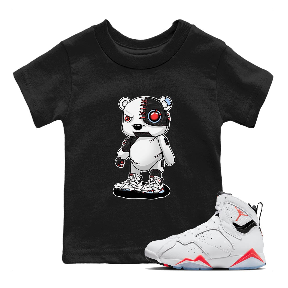Air Jordan 7 White Infrared shirt to match jordans Cyborg Bear Streetwear Sneaker Shirt White Infrared 7s Drip Gear Zone Sneaker Matching Clothing Baby Toddler Black 1 T-Shirt