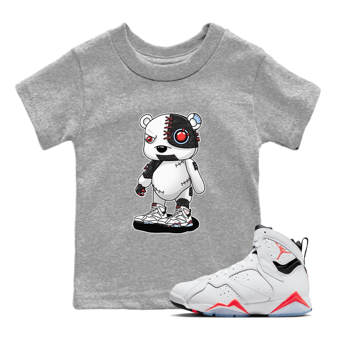 Air Jordan 7 White Infrared shirt to match jordans Cyborg Bear Streetwear Sneaker Shirt White Infrared 7s Drip Gear Zone Sneaker Matching Clothing Baby Toddler Heather Grey 1 T-Shirt