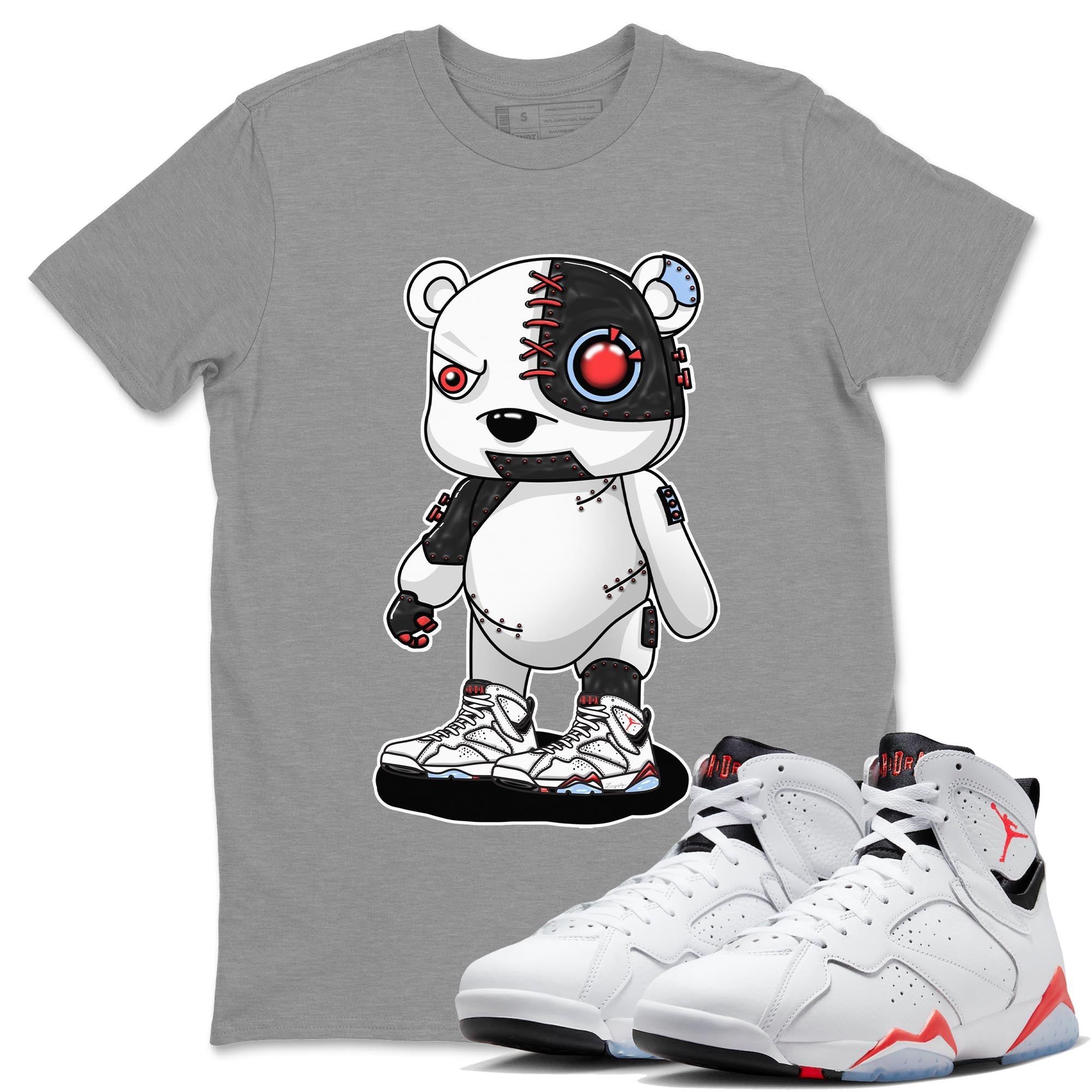 Air Jordan 7 White Infrared shirt to match jordans Cyborg Bear Streetwear Sneaker Shirt White Infrared 7s Drip Gear Zone Sneaker Matching Clothing Unisex Heather Grey 1 T-Shirt