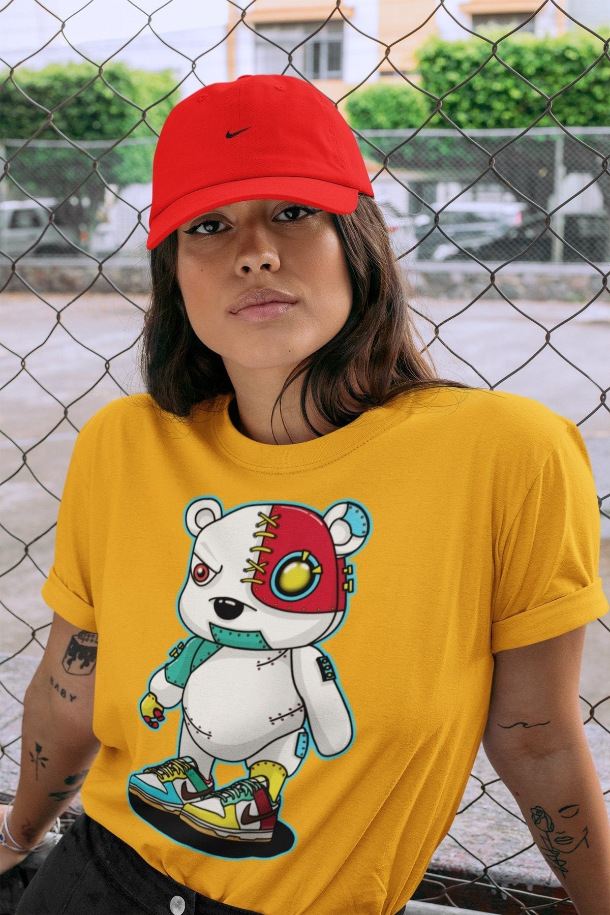 Dunk Free 99 White Sneaker Match Tees Cyborg Bear Sneaker Tees Dunk Free 99 White Jordan to match sneaker T-Shirt Crew Neck Shirts