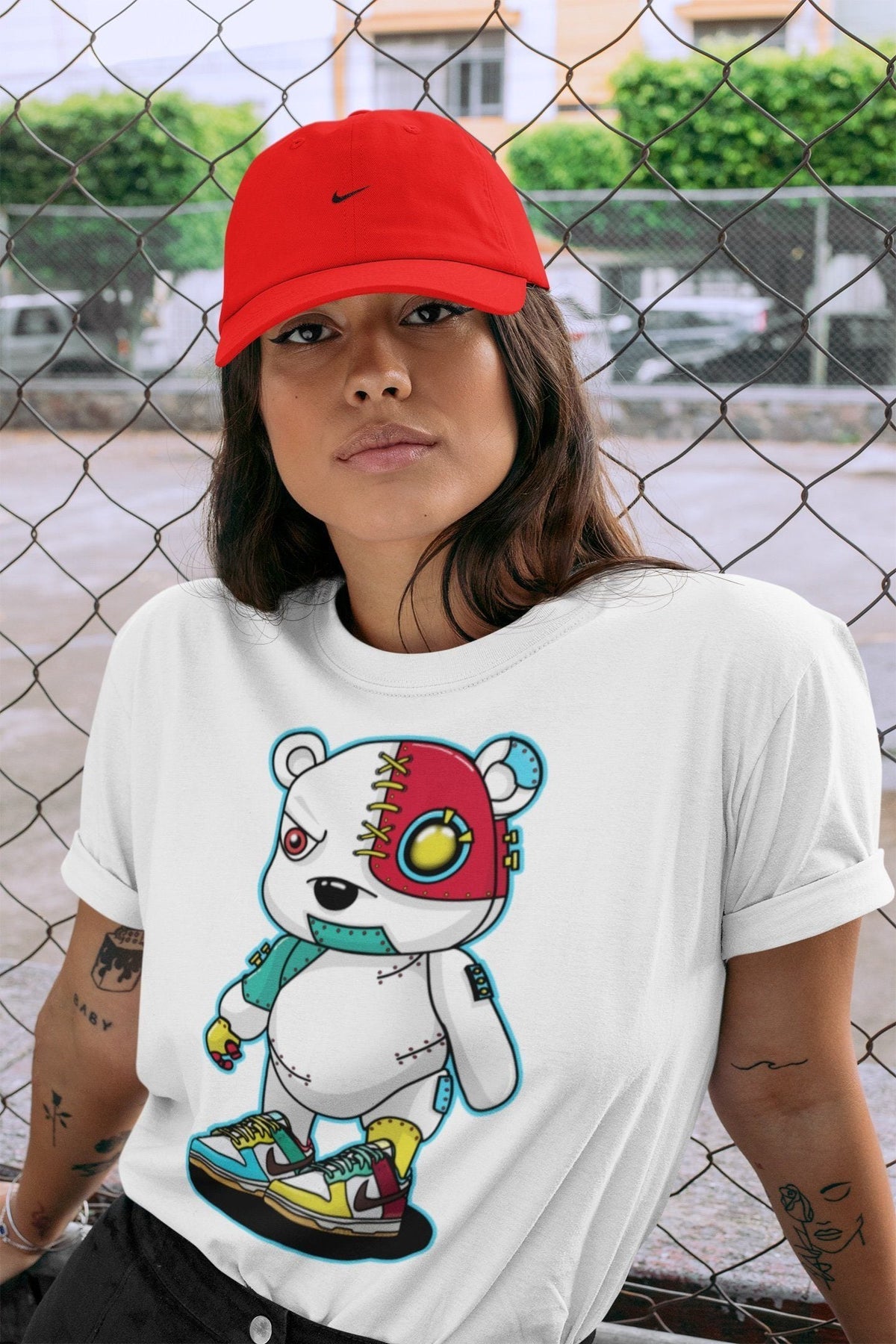 Dunk Free 99 White Sneaker Match Tees Cyborg Bear Sneaker Tees Dunk Free 99 White Jordan to match sneaker T-Shirt Crew Neck Shirts