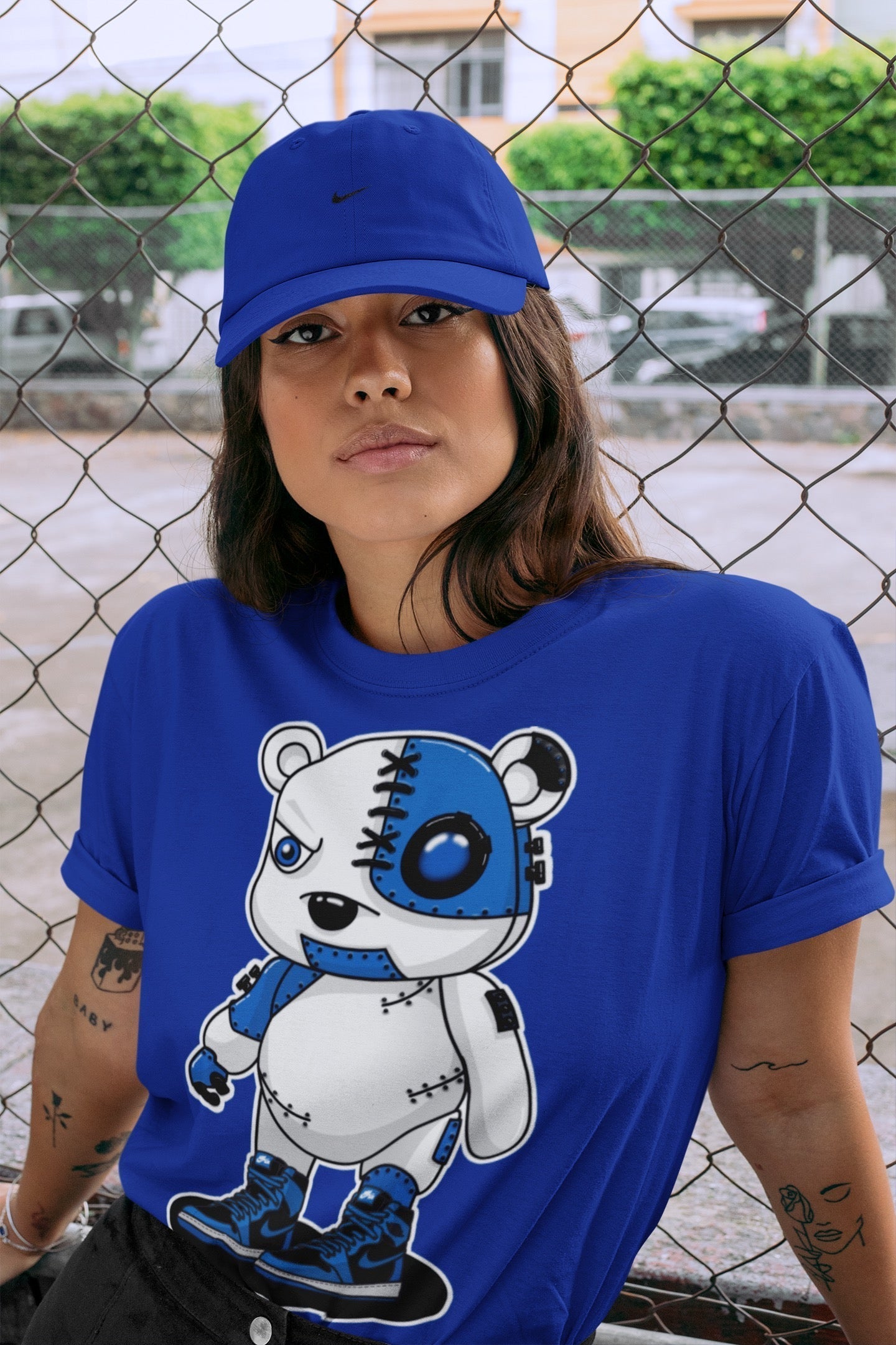 Jordan 1 Dark Marina Blue Sneaker Matching T-Shirt Cyborg Bear Sneaker Tees Jordan 1 Dark Marina Blue Sneaker Release Tees Crew Neck Tees