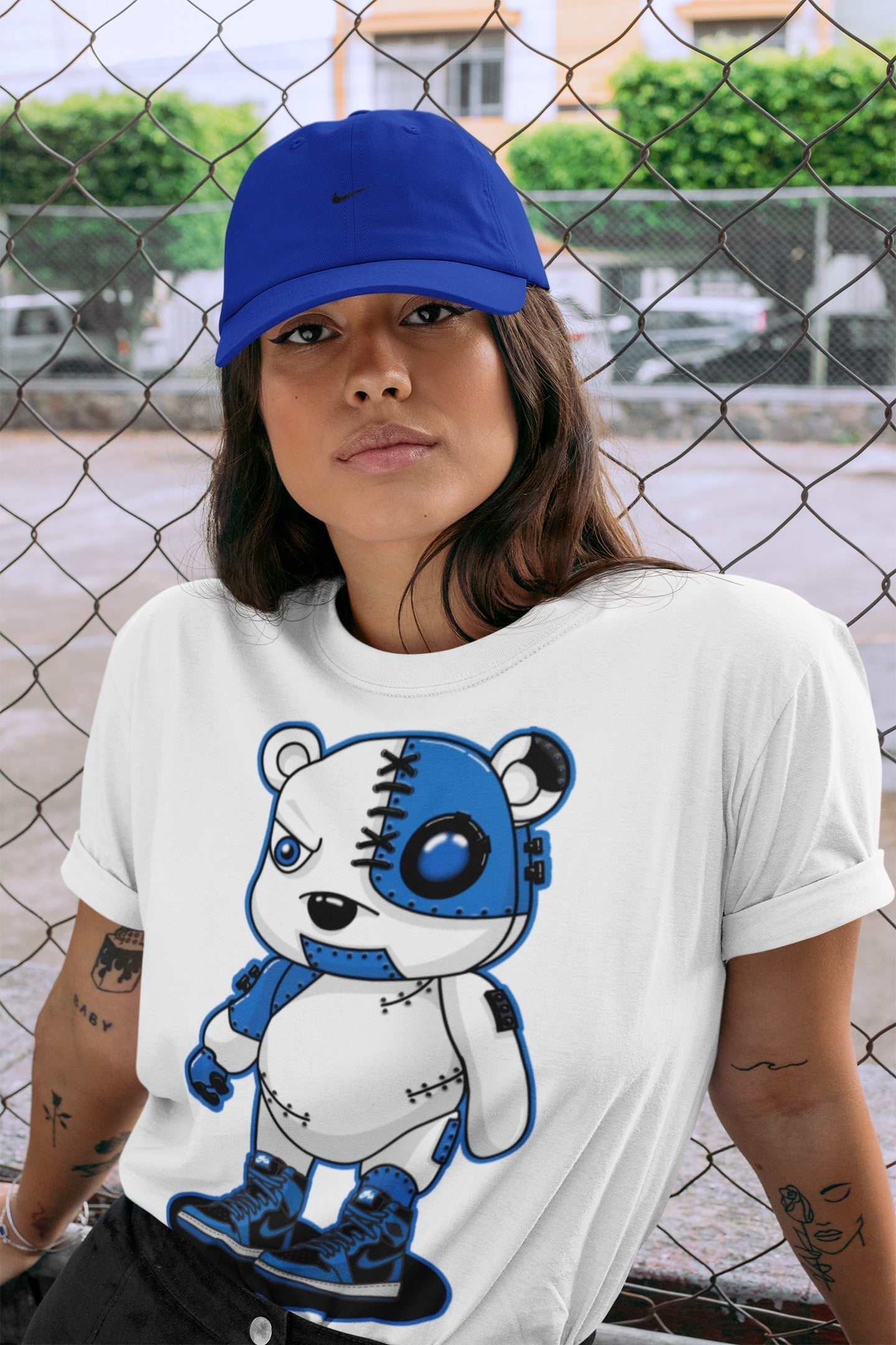Jordan 1 Dark Marina Blue Sneaker Matching T-Shirt Cyborg Bear Sneaker Tees Jordan 1 Dark Marina Blue Sneaker Release Tees Crew Neck Tees