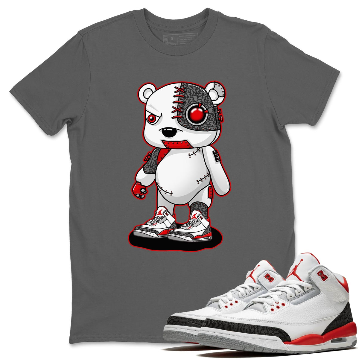 Jordan 3 Fire Red Sneaker Matching T-Shirt Cyborg Bear Sneaker Tees Jordan 3 Fire Red Sneaker Release Tees Crew Neck Tees