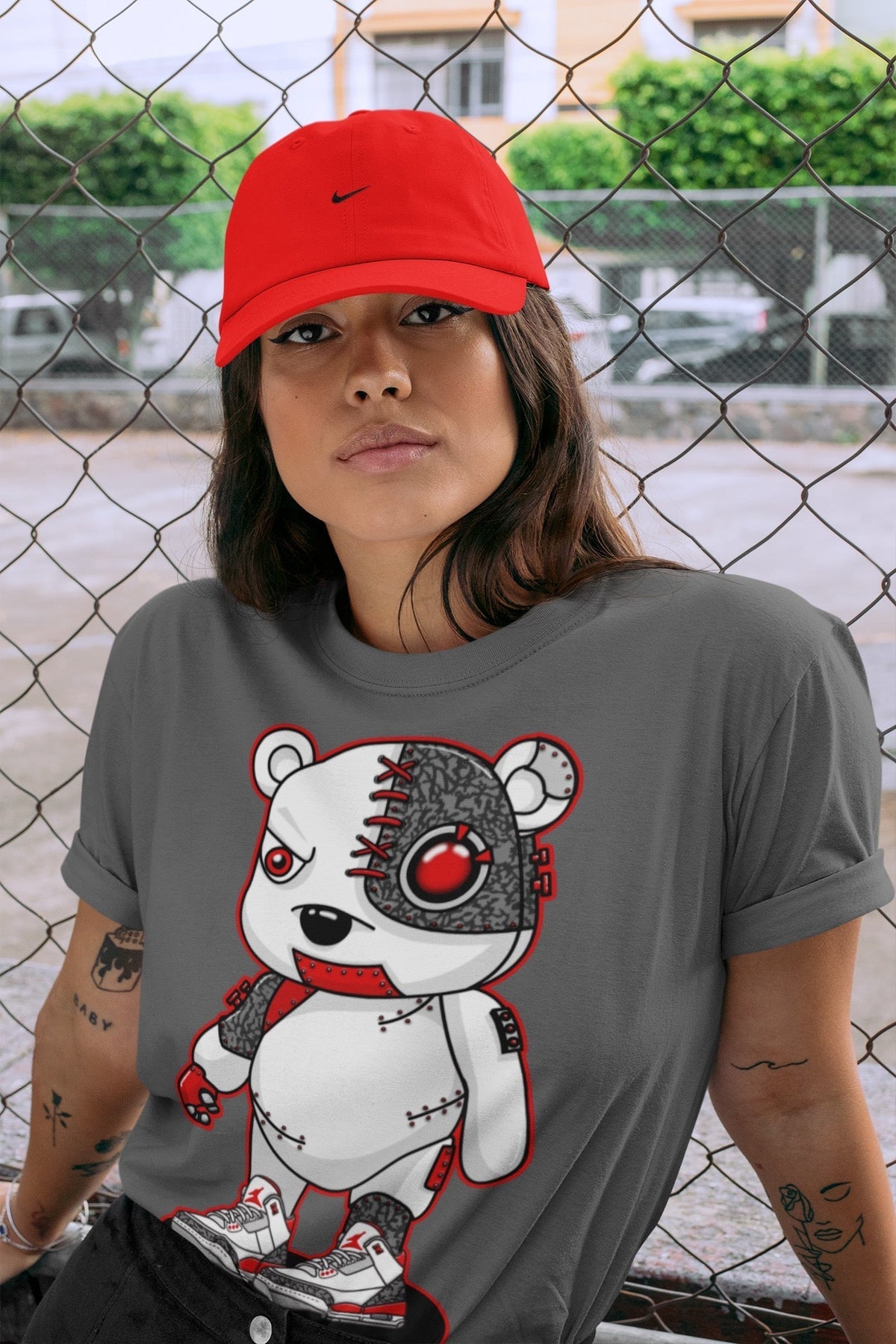 Jordan 3 Fire Red Sneaker Matching T-Shirt Cyborg Bear Sneaker Tees Jordan 3 Fire Red Sneaker Release Tees Crew Neck Tees