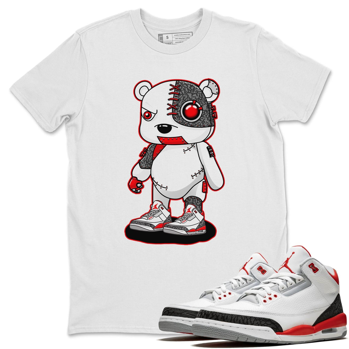 Jordan 3 Fire Red Sneaker Matching T-Shirt Cyborg Bear Sneaker Tees Jordan 3 Fire Red Sneaker Release Tees Crew Neck Tees