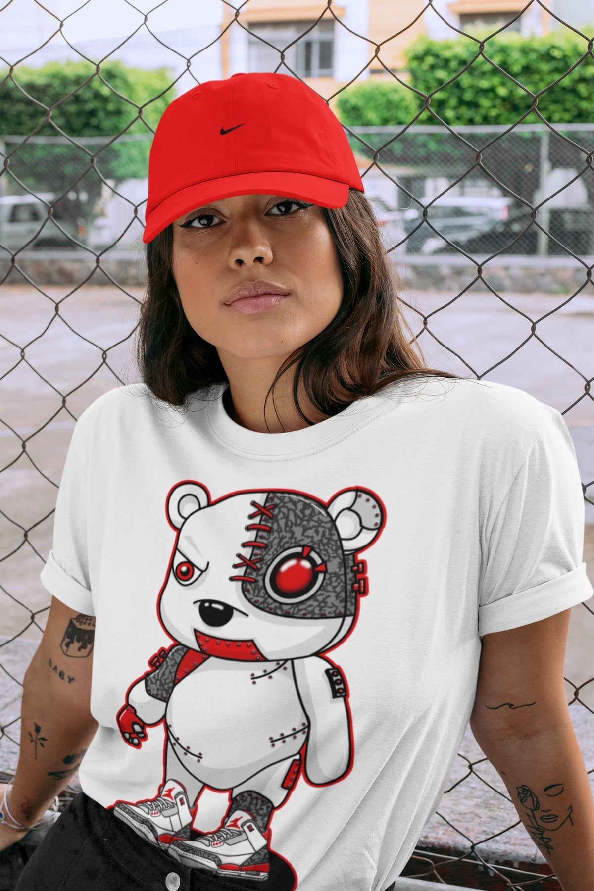 Jordan 3 Fire Red Sneaker Matching T-Shirt Cyborg Bear Sneaker Tees Jordan 3 Fire Red Sneaker Release Tees Crew Neck Tees