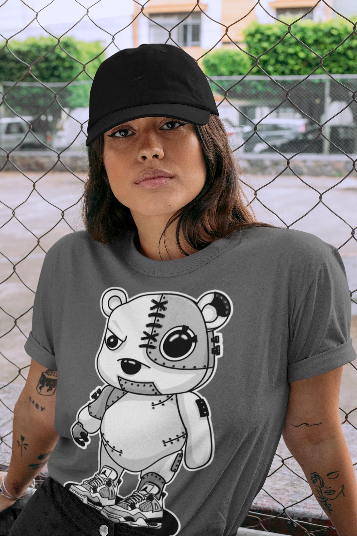 Jordan 4 Military Black Sneaker Matching T-Shirt Cyborg Bear Sneaker Tees Jordan 4 Military Black Sneaker Release Tees Crew Neck Tees