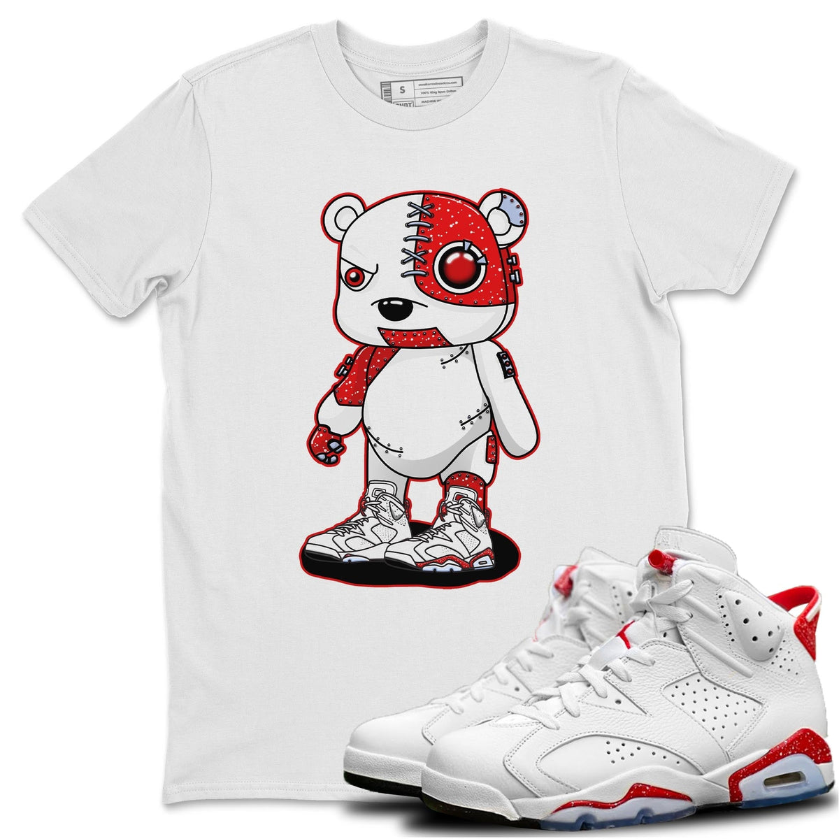 Jordan 6 Red Velvet Cookies Sneaker Matching T-Shirt Cyborg Bear Sneaker Tees Jordan 6 Red Velvet Cookies Sneaker Release Tees Crew Neck Tees