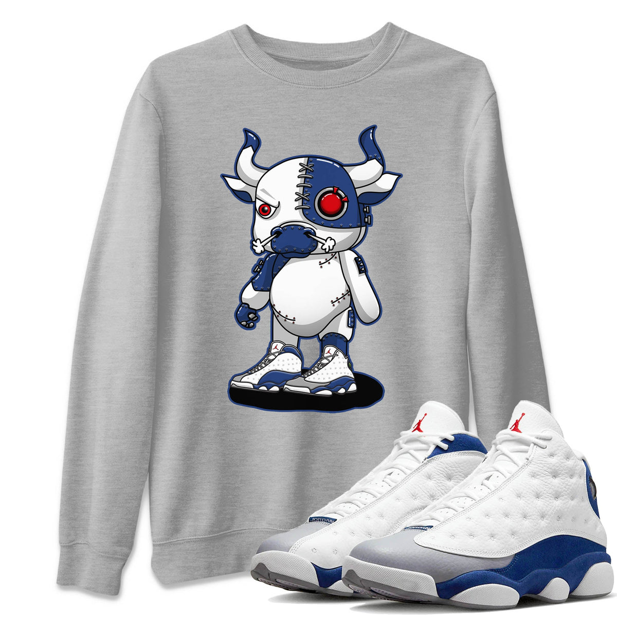Jordan 13 French Blue Sneaker Matching T-Shirt Cyborg Bull Sneaker Tees Jordan 13 French Blue Sneaker Release Tees Crew Neck Tees