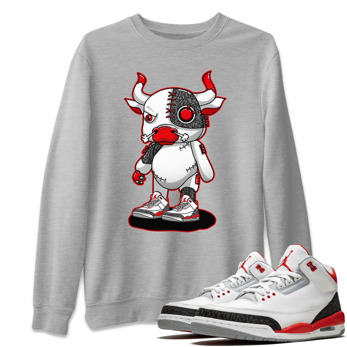 Jordan 3 Fire Red Sneaker Matching T-Shirt Cyborg Bull Sneaker Tees Jordan 3 Fire Red Sneaker Release Tees Crew Neck Tees