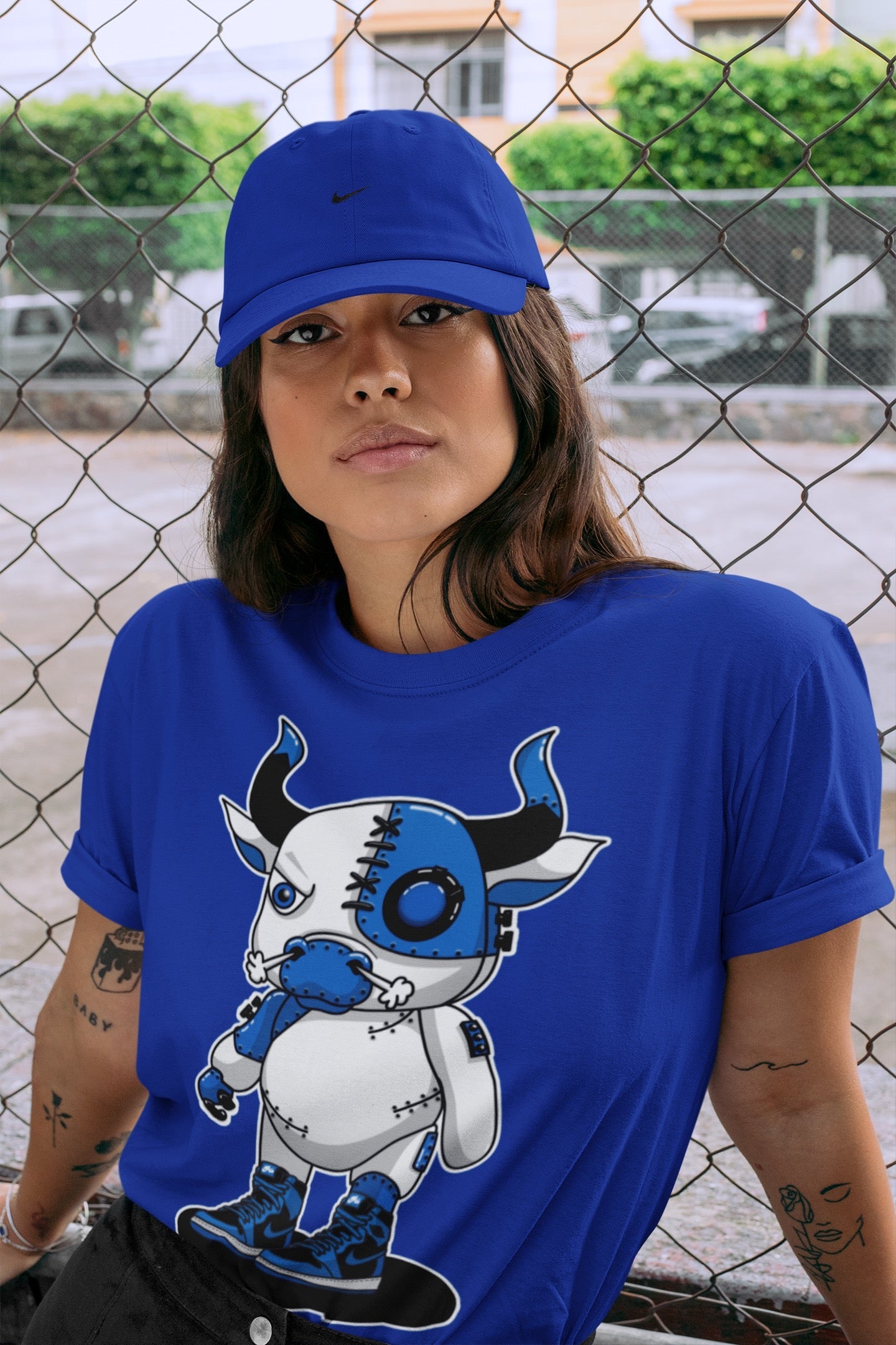 Jordan 1 Dark Marina Blue Sneaker Matching T-Shirt Cyborg Bull Sneaker Tees Jordan 1 Dark Marina Blue Sneaker Release Tees Crew Neck Tees