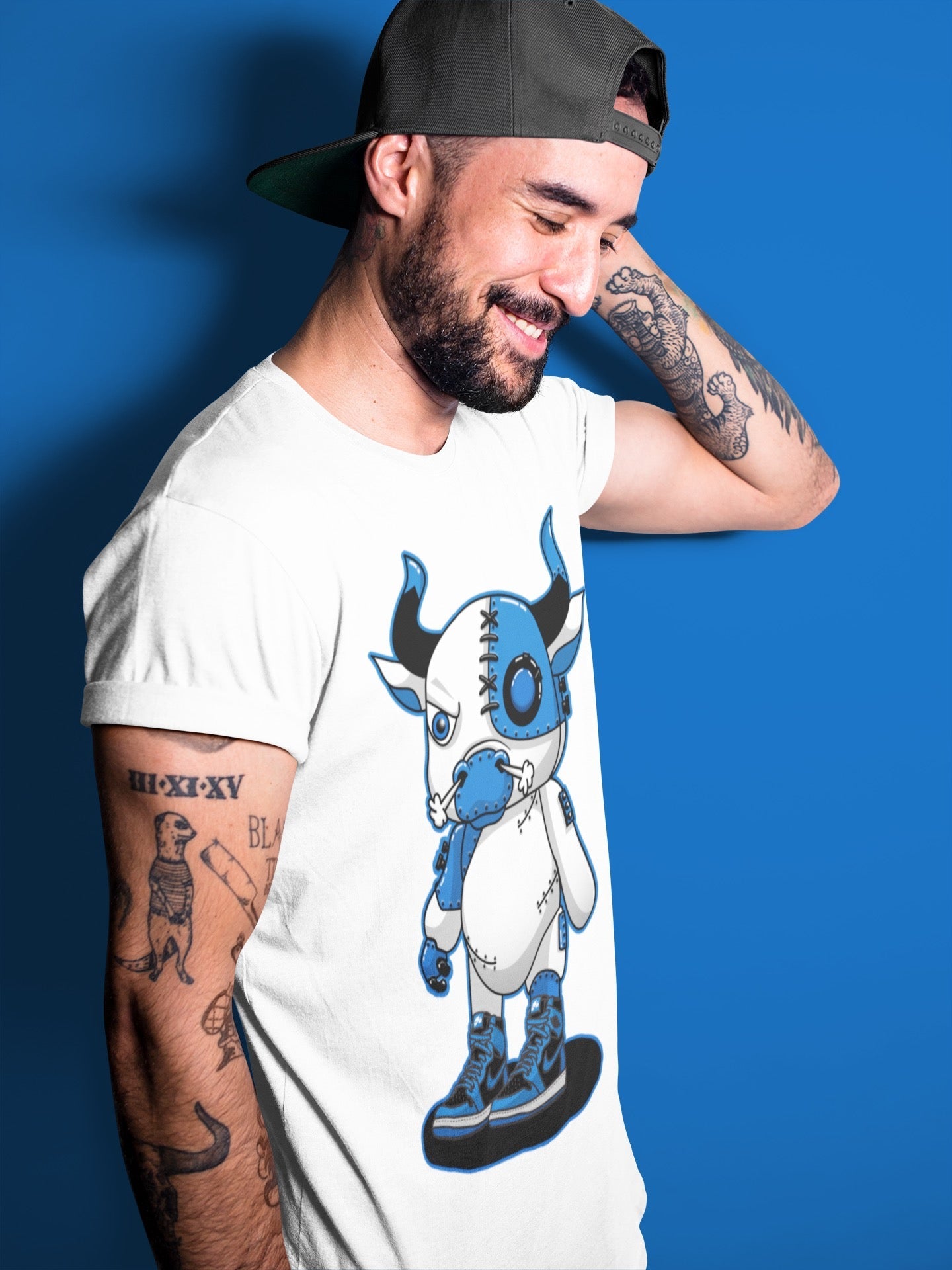 Jordan 1 Dark Marina Blue Sneaker Matching T-Shirt Cyborg Bull Sneaker Tees Jordan 1 Dark Marina Blue Sneaker Release Tees Crew Neck Tees