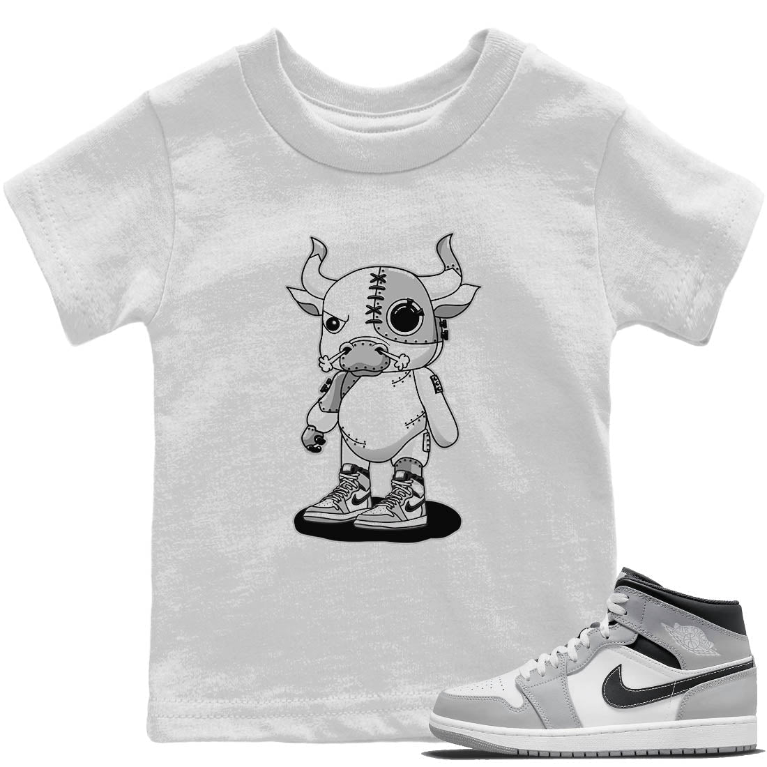 Jordan 1 Light Smoke Grey Sneaker Matching T-Shirt Cyborg Bull Sneaker Tees Jordan 1 Light Smoke Grey Sneaker Release Tees Kids Shirts