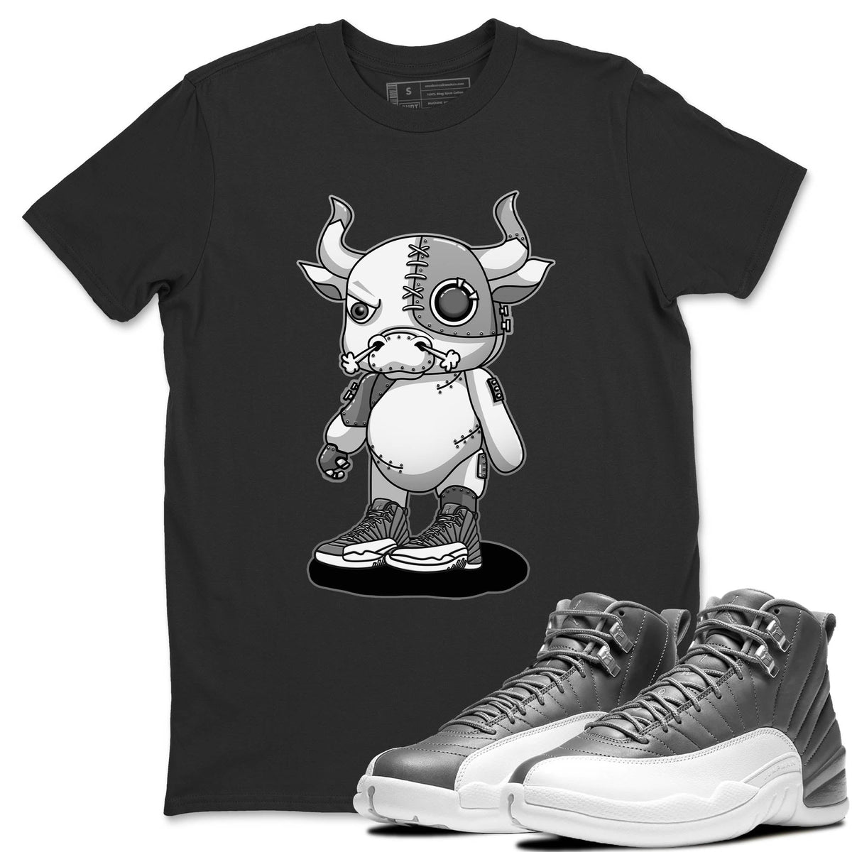 Jordan 12 Stealth Sneaker Matching T-Shirt Cyborg Bull Sneaker Tees Jordan 12 Stealth Sneaker Release Tees Crew Neck Tees