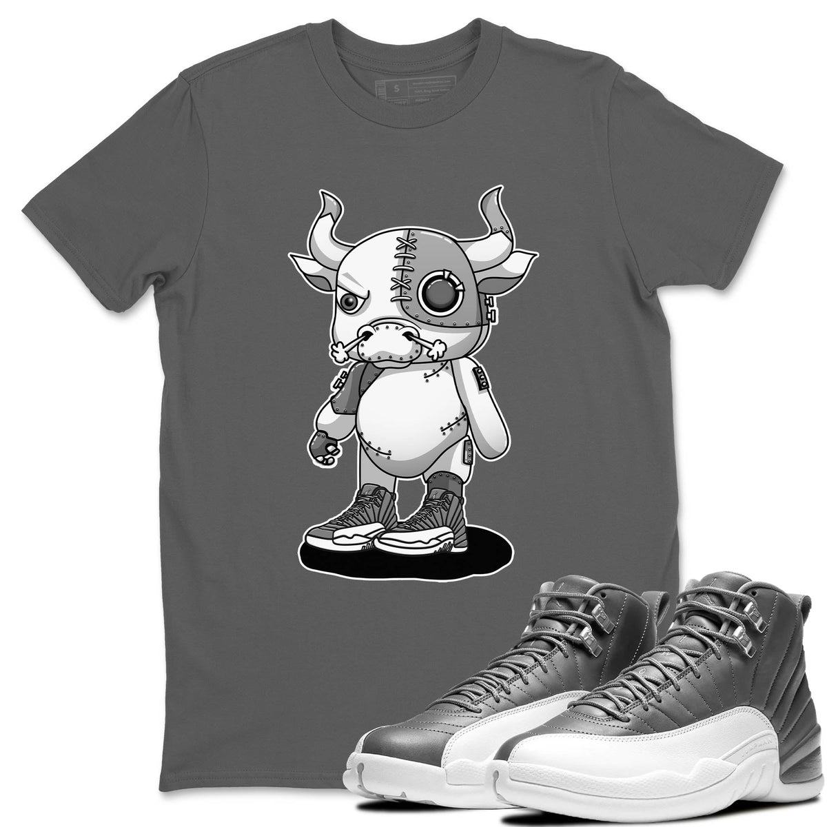 Jordan 12 Stealth Sneaker Matching T-Shirt Cyborg Bull Sneaker Tees Jordan 12 Stealth Sneaker Release Tees Crew Neck Tees
