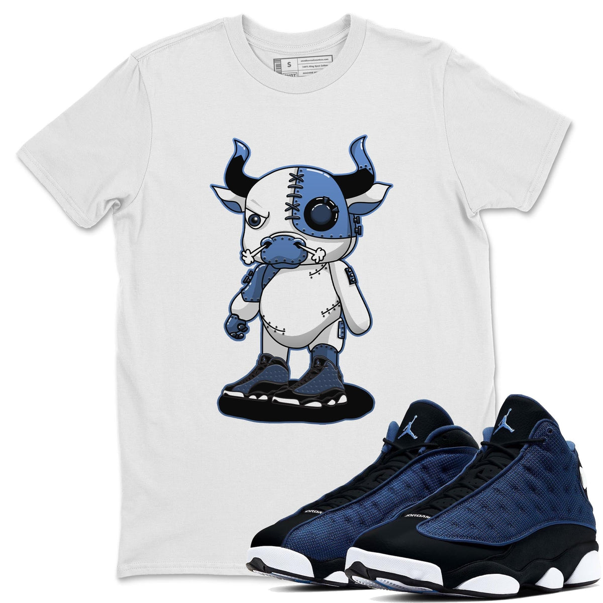 Jordan 13 Brave Blue Sneaker Matching T-Shirt Cyborg Bull Sneaker Tees Jordan 13 Brave Blue Sneaker Release Tees Crew Neck Tees