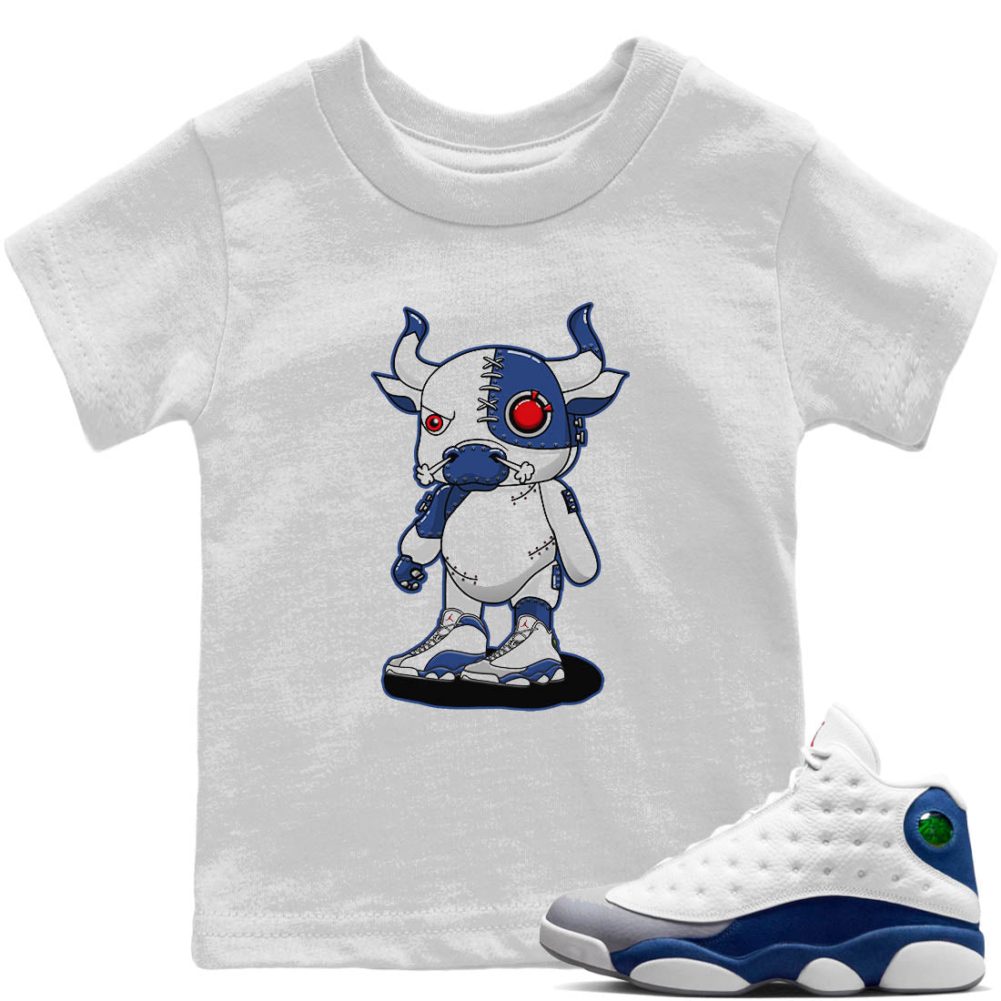 Jordan 13 French Blue Sneaker Matching T-Shirt Cyborg Bull Sneaker Tees Jordan 13 French Blue Sneaker Release Tees Kids Shirts