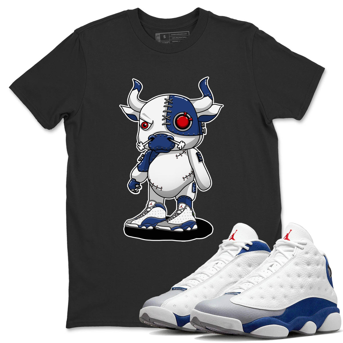 Jordan 13 French Blue Sneaker Matching T-Shirt Cyborg Bull Sneaker Tees Jordan 13 French Blue Sneaker Release Tees Crew Neck Tees