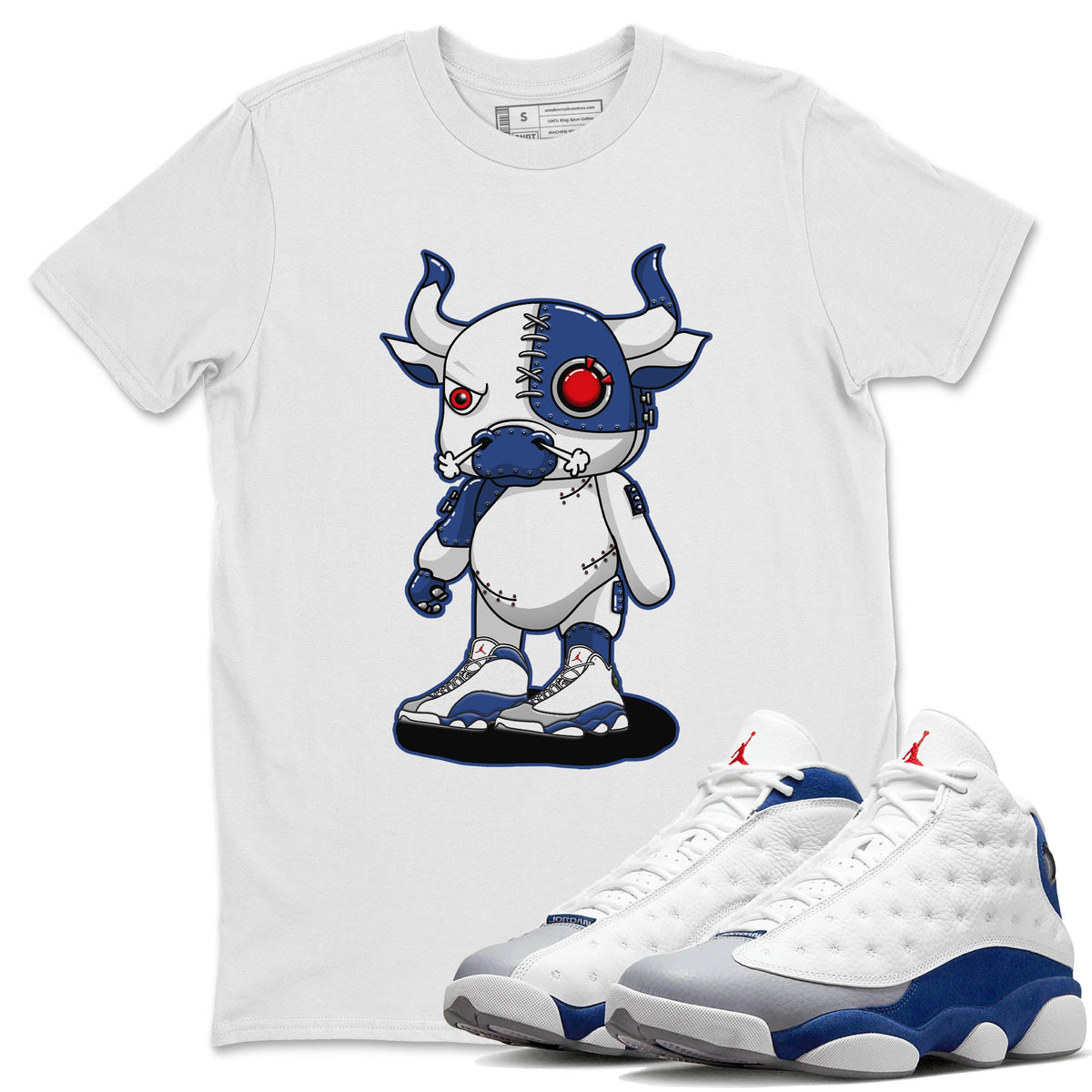 Jordan 13 French Blue Sneaker Matching T-Shirt Cyborg Bull Sneaker Tees Jordan 13 French Blue Sneaker Release Tees Crew Neck Tees