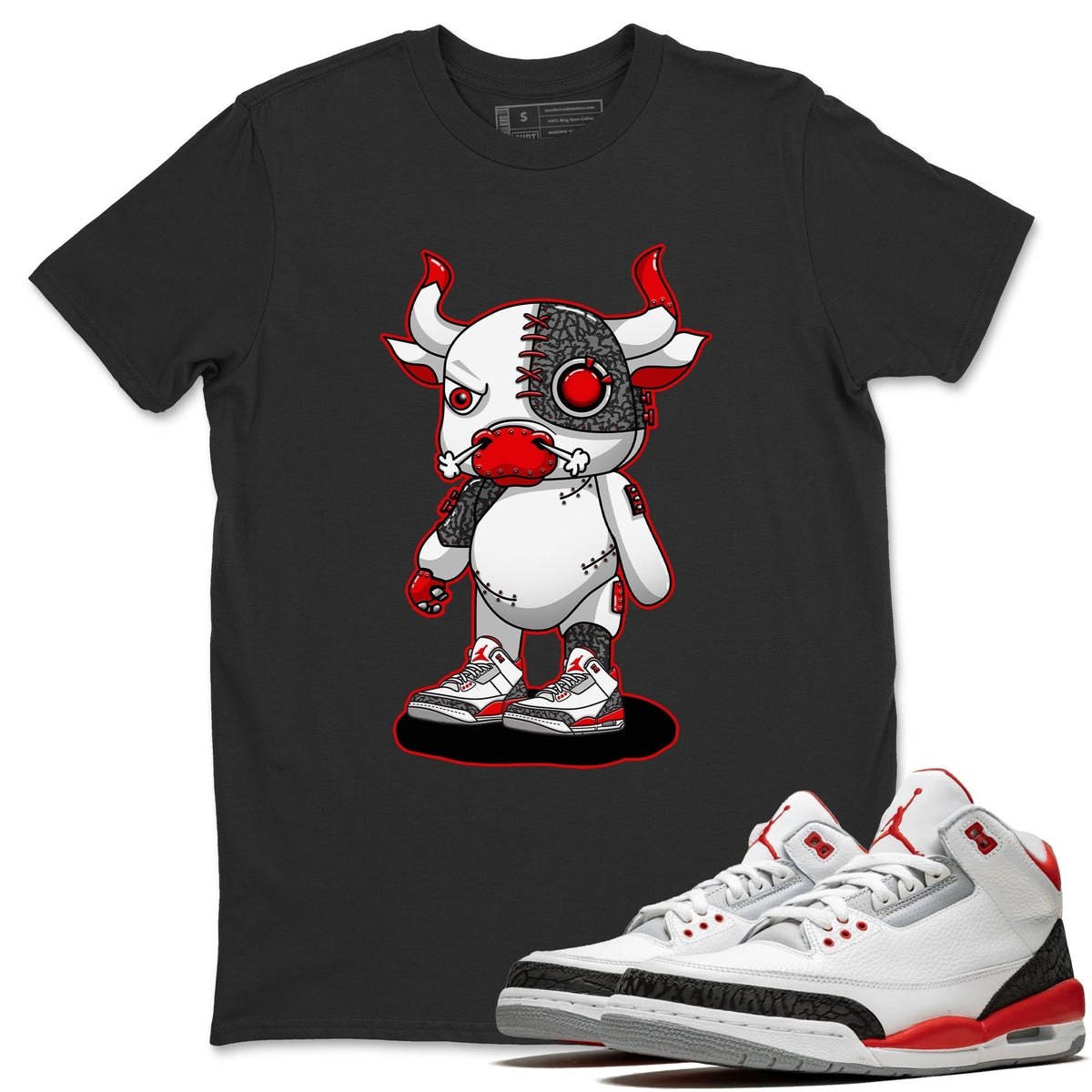Jordan 3 Fire Red Sneaker Matching T-Shirt Cyborg Bull Sneaker Tees Jordan 3 Fire Red Sneaker Release Tees Crew Neck Tees