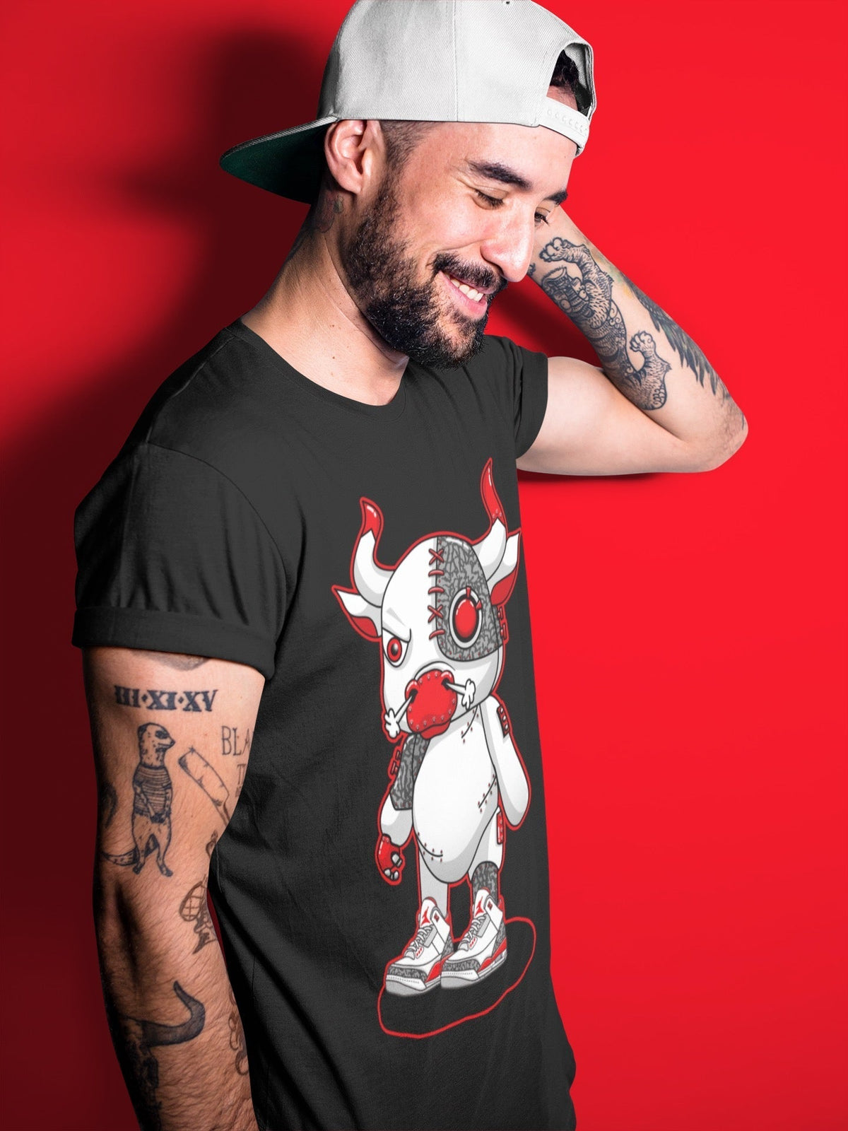 Jordan 3 Fire Red Sneaker Matching T-Shirt Cyborg Bull Sneaker Tees Jordan 3 Fire Red Sneaker Release Tees Crew Neck Tees