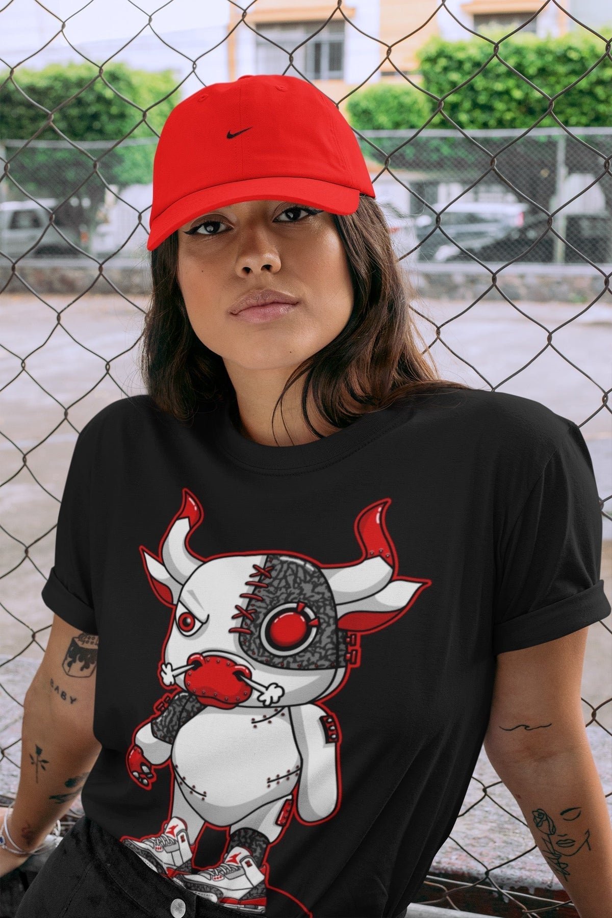 Jordan 3 Fire Red Sneaker Matching T-Shirt Cyborg Bull Sneaker Tees Jordan 3 Fire Red Sneaker Release Tees Crew Neck Tees