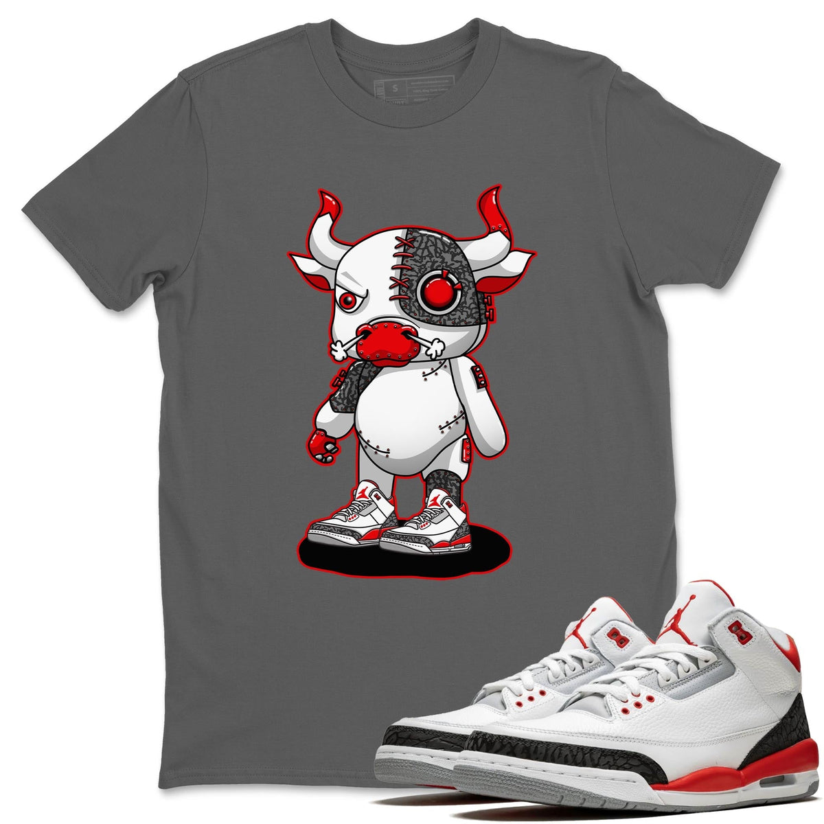 Jordan 3 Fire Red Sneaker Matching T-Shirt Cyborg Bull Sneaker Tees Jordan 3 Fire Red Sneaker Release Tees Crew Neck Tees