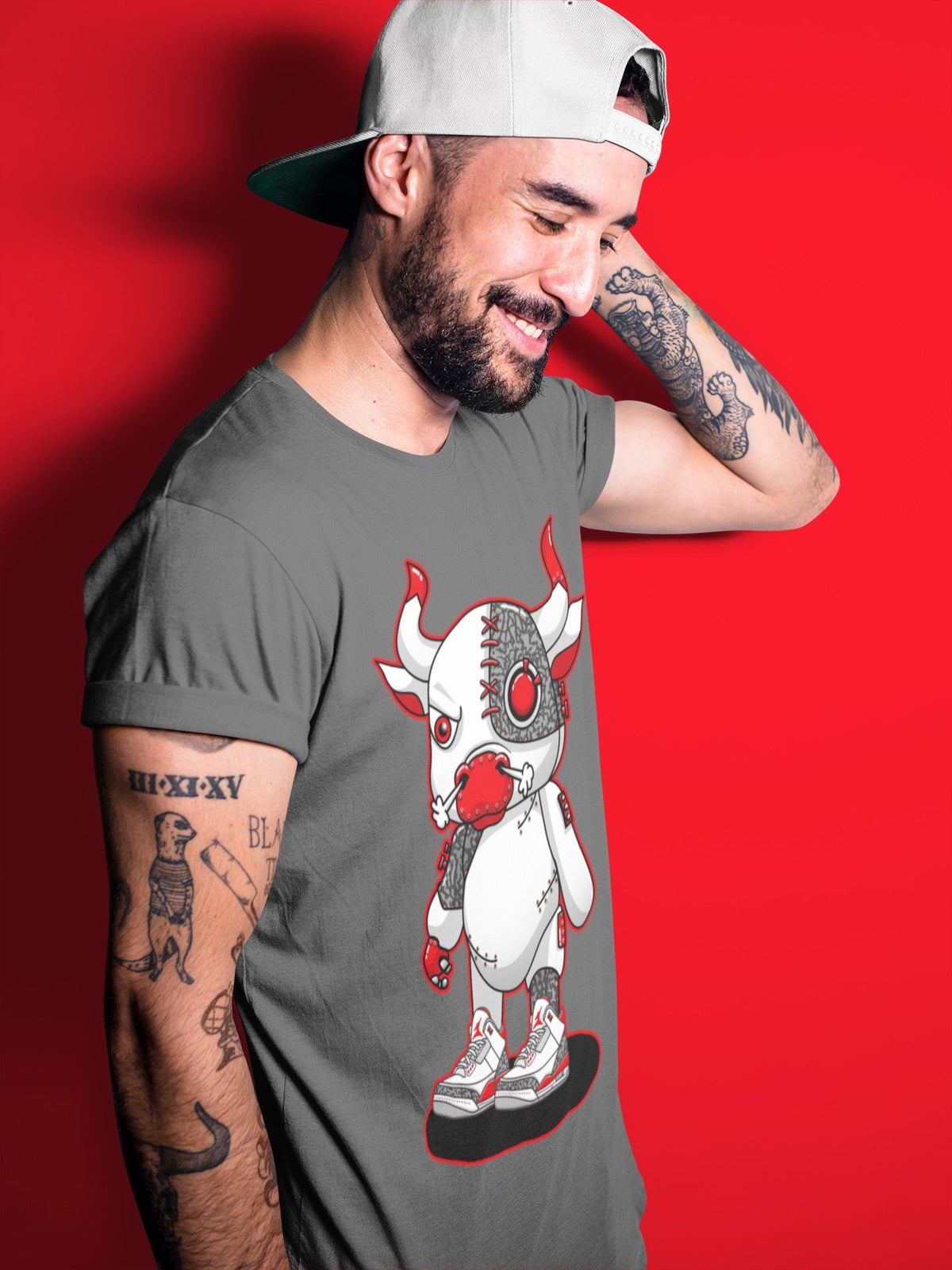 Jordan 3 Fire Red Sneaker Matching T-Shirt Cyborg Bull Sneaker Tees Jordan 3 Fire Red Sneaker Release Tees Crew Neck Tees