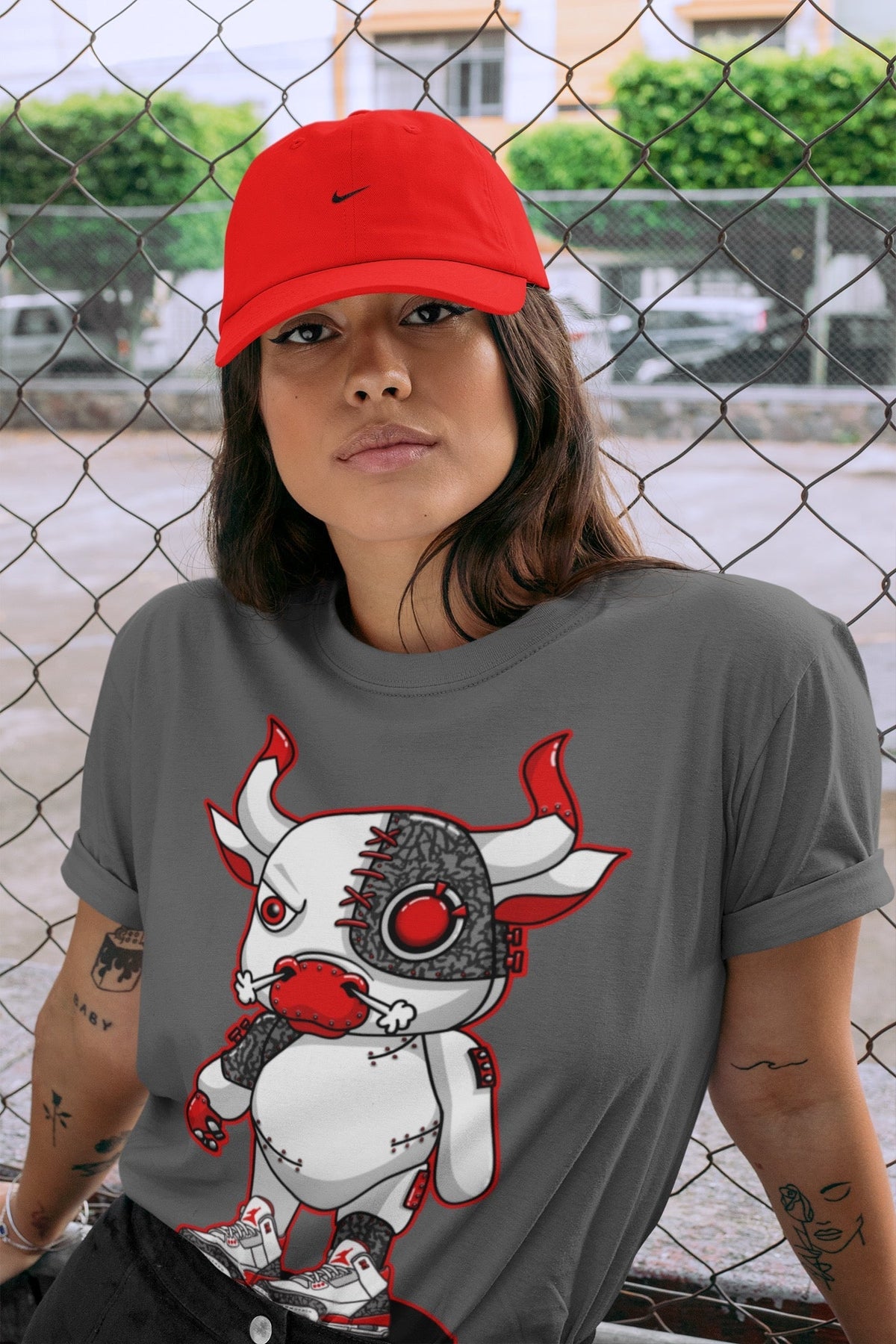 Jordan 3 Fire Red Sneaker Matching T-Shirt Cyborg Bull Sneaker Tees Jordan 3 Fire Red Sneaker Release Tees Crew Neck Tees