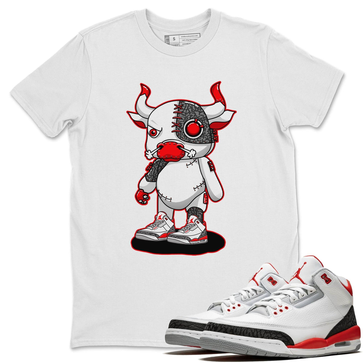 Jordan 3 Fire Red Sneaker Matching T-Shirt Cyborg Bull Sneaker Tees Jordan 3 Fire Red Sneaker Release Tees Crew Neck Tees