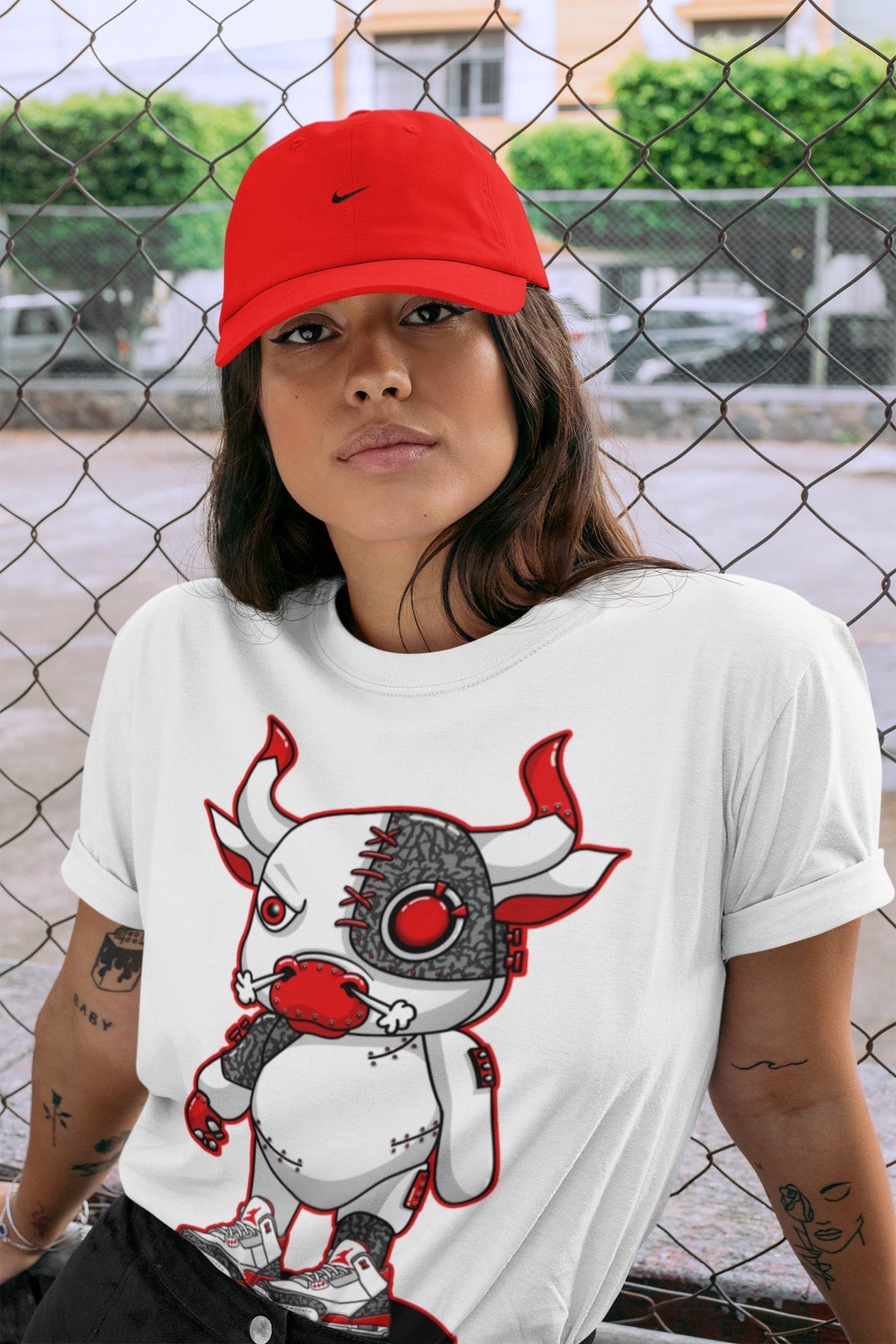 Jordan 3 Fire Red Sneaker Matching T-Shirt Cyborg Bull Sneaker Tees Jordan 3 Fire Red Sneaker Release Tees Crew Neck Tees